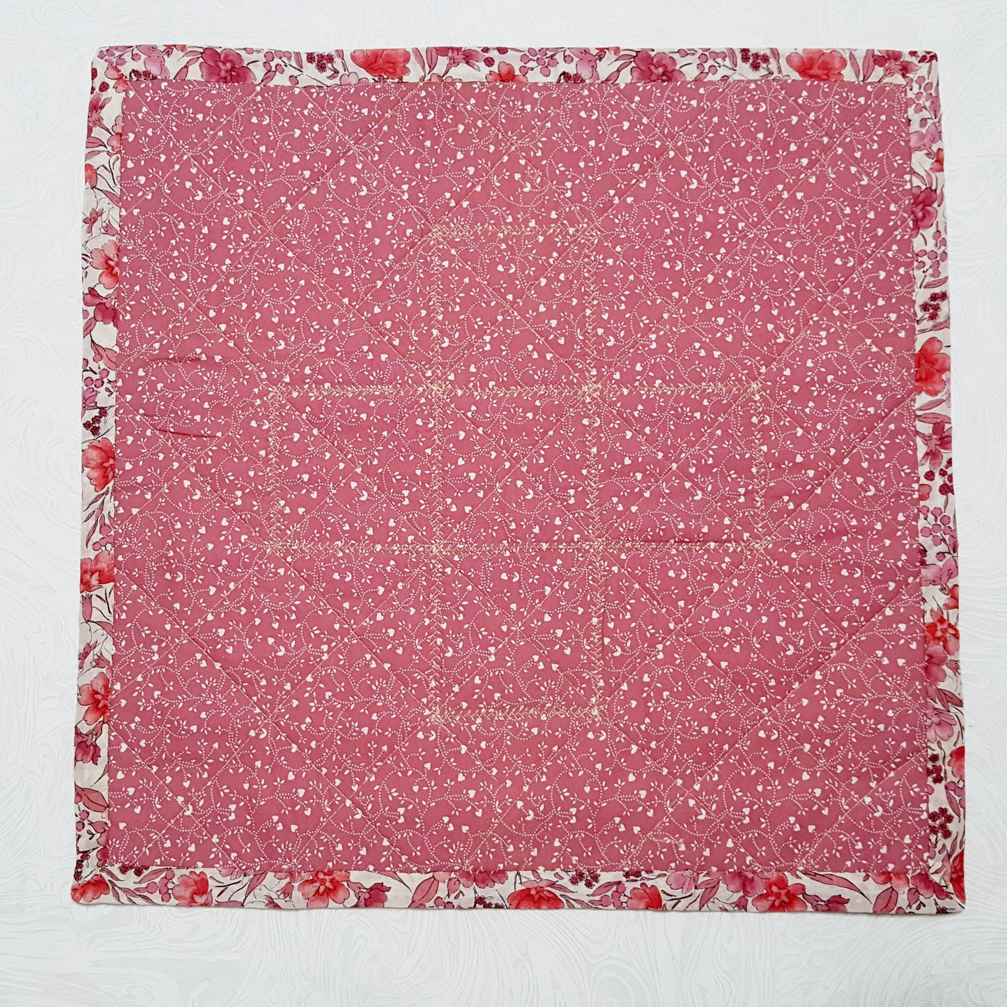 Pink Log Cabin Quilted Table Mat – 14.5" Square – Handmade Cotton Patchwork