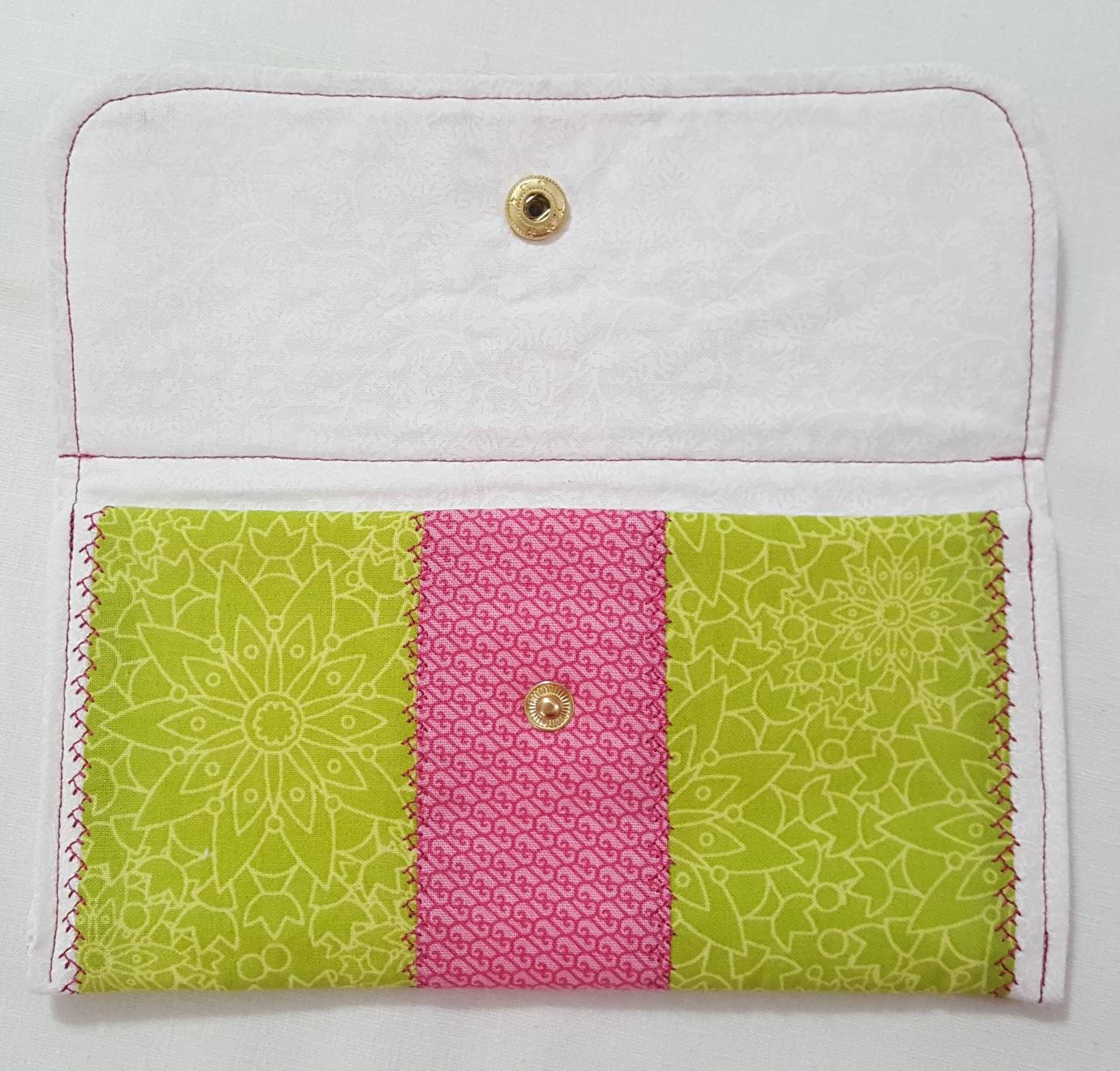 Quilted Fabric Eyewear Case – Pink & Spring Green – Snap Closure – Handmade Cotton Pouch