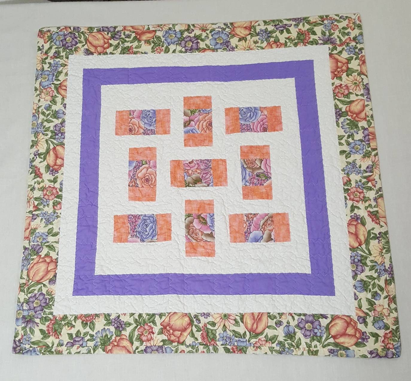 Quilted Table Topper 29" Square Soft Peach and Lavender Floral Spring Decor