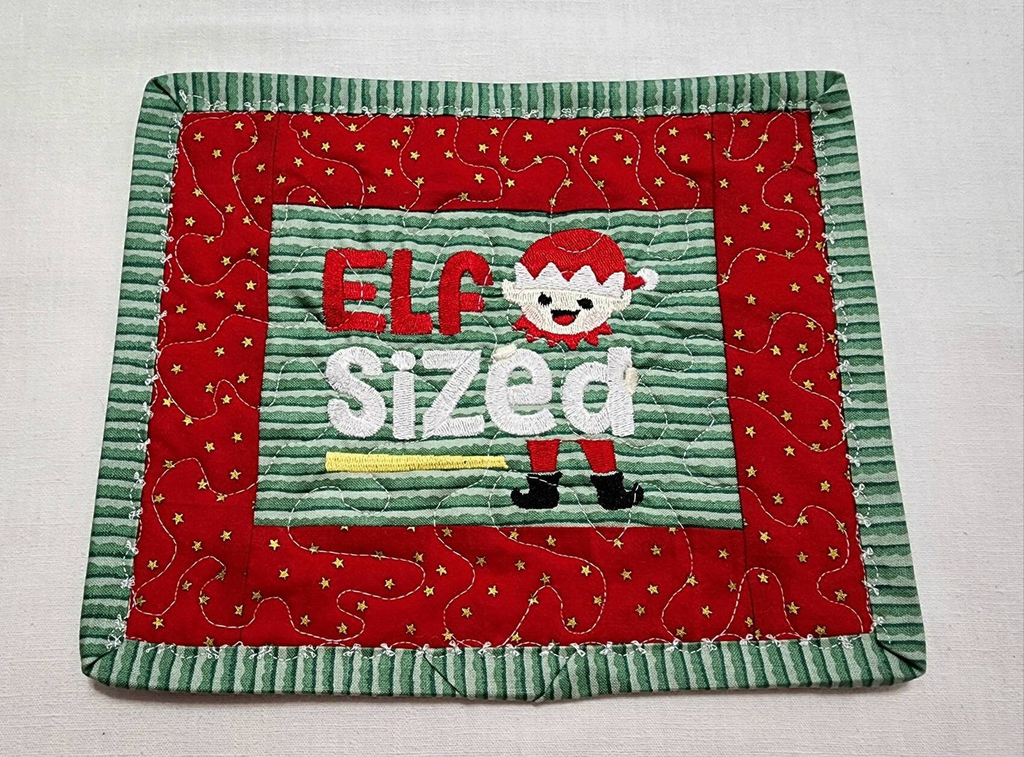 Quilted Mug Rug • “Elf Sized” • Holiday Coffee Mat • Christmas Stocking Stuffer