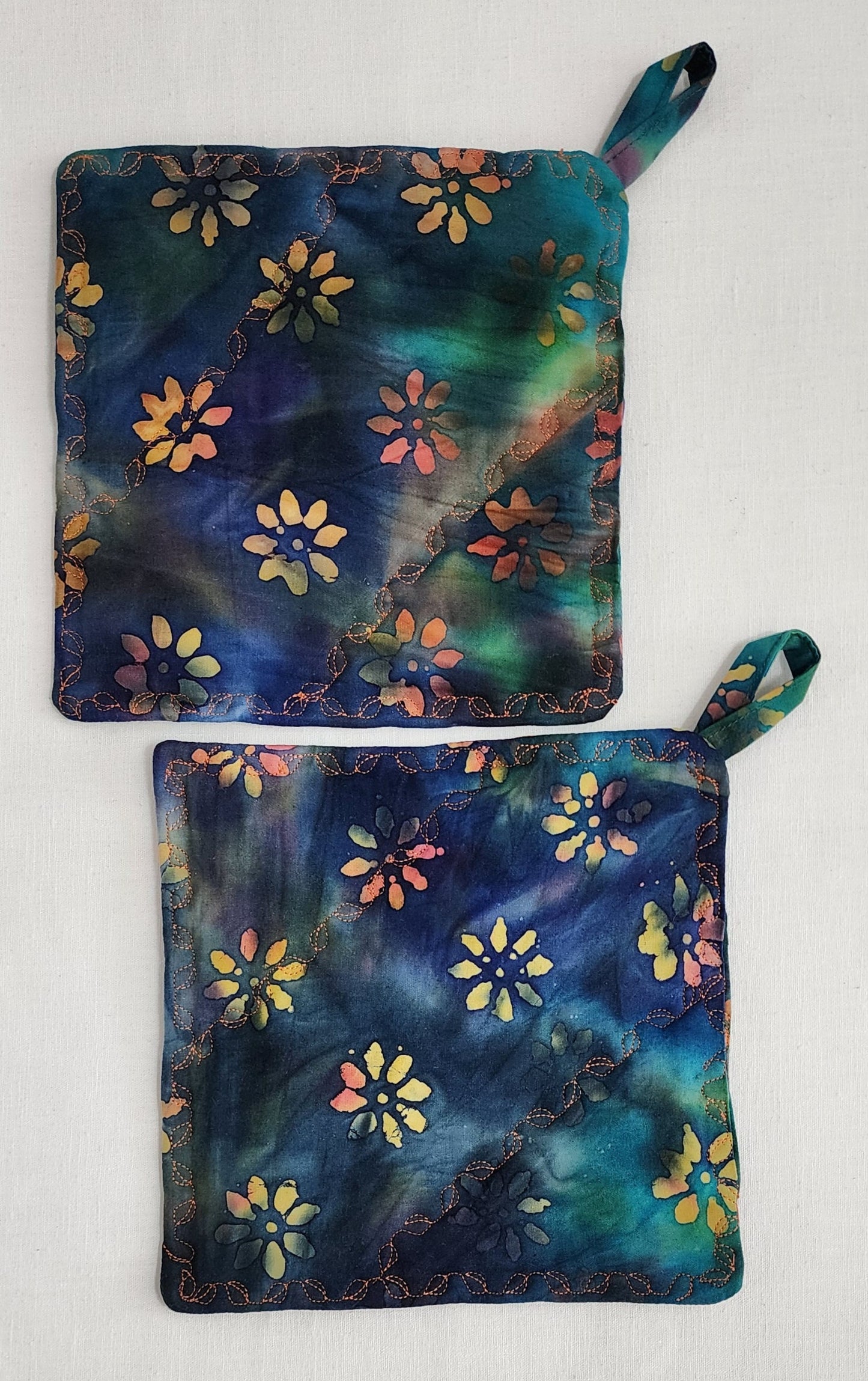 Handmade Batik Quilted Potholder – Blue, Green & Yellow Floral Cotton Pot Holder