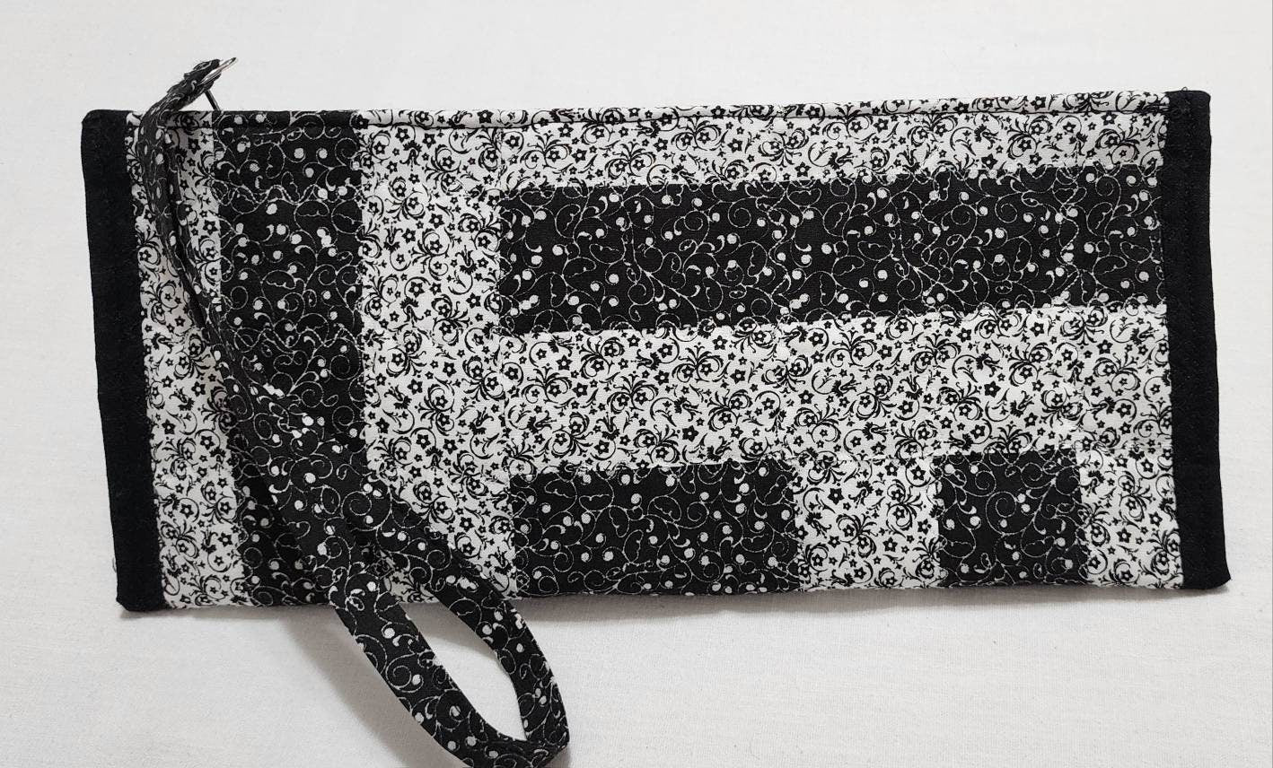 Patchwork Quilted Clutch: Black & White Travel Purse with Hand Strap