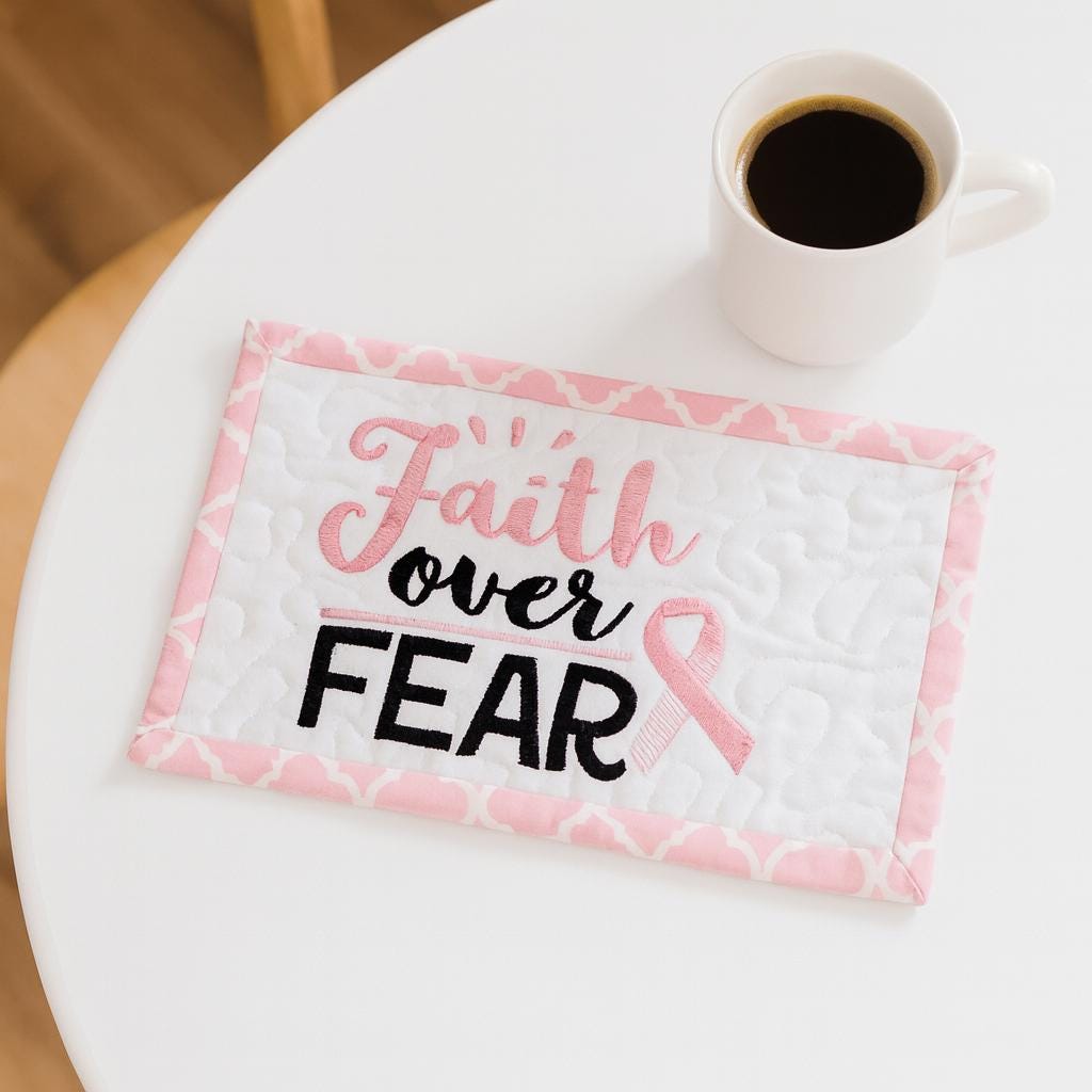 Faith Over Fear Quilted Mug Rug – Breast Cancer Gift Basket filler