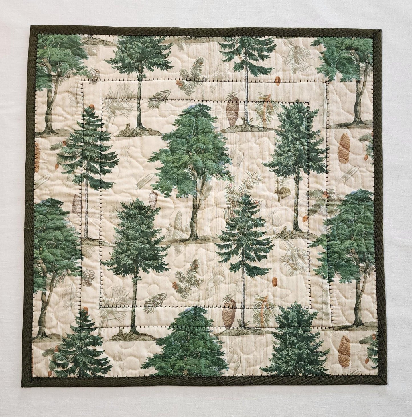 Rustic Pinecone Patchwork Table Topper • Cabin Decor • Handmade Cotton Quilt • 20" Square