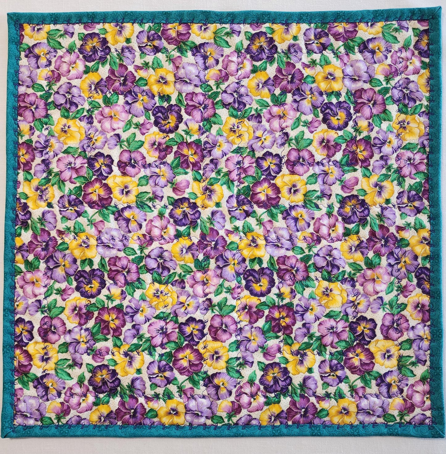 Teal and purple quilted Log cabin table topper