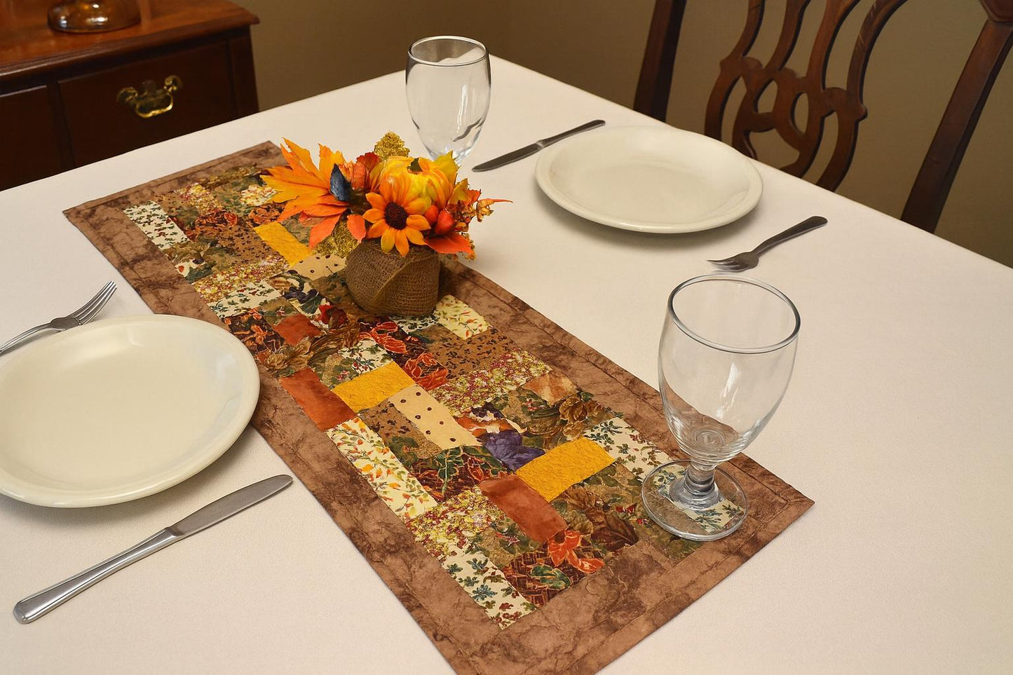 Handmade Earthy Quilted Table Runner, Vibrant color Patchwork