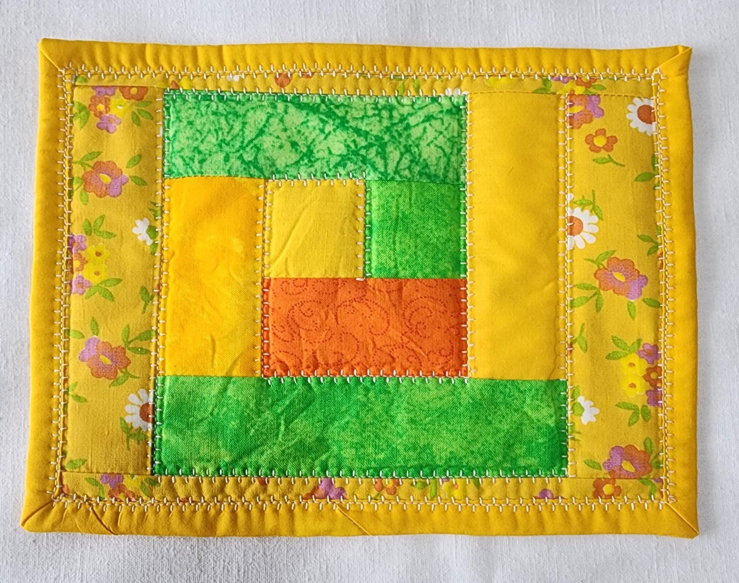 Handmade Quilted Mug Rug ⢠Yellow Green Orange Cotton Coaster (7"x9")