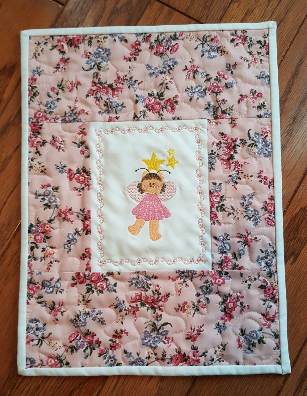 Handmade Mini Doll Quilt – 13.5" x 10" – Floral Patchwork with Embroidered Bear Fairy