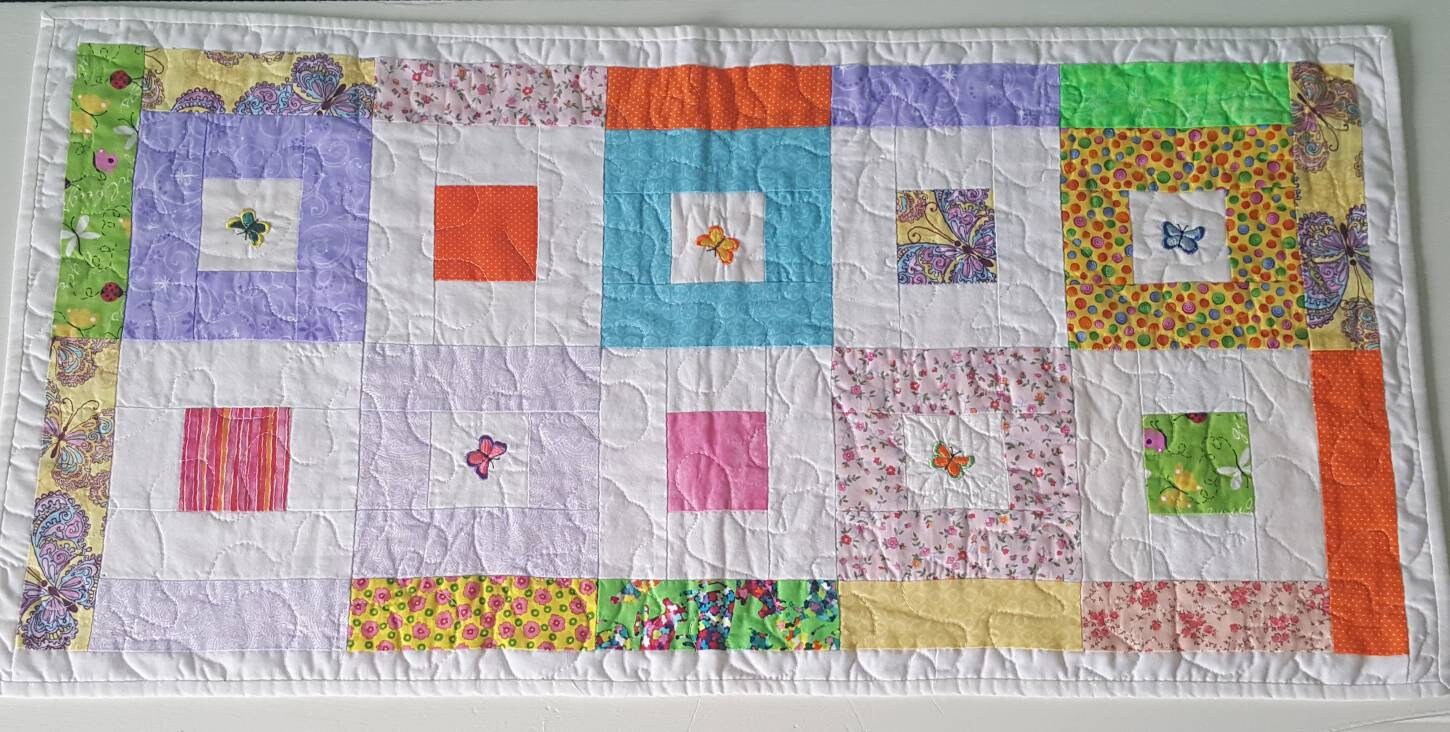 Spring Butterfly Patchwork Table Runner – 33 x 16 – Pastel Quilted Easter Decor