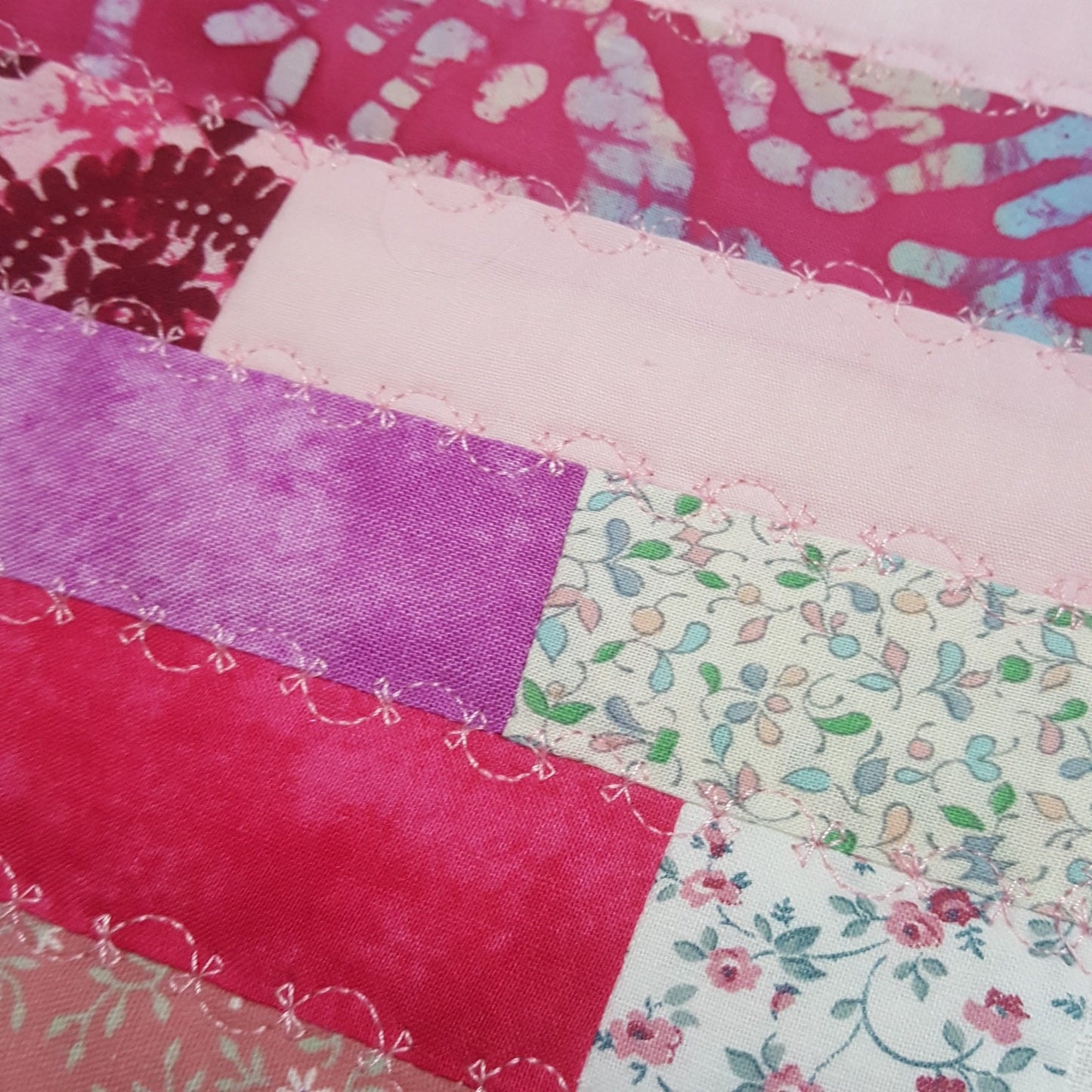 Patchwork Doll Quilt, Table Mat – Pink Strip Quilt with Appliqué Flowers