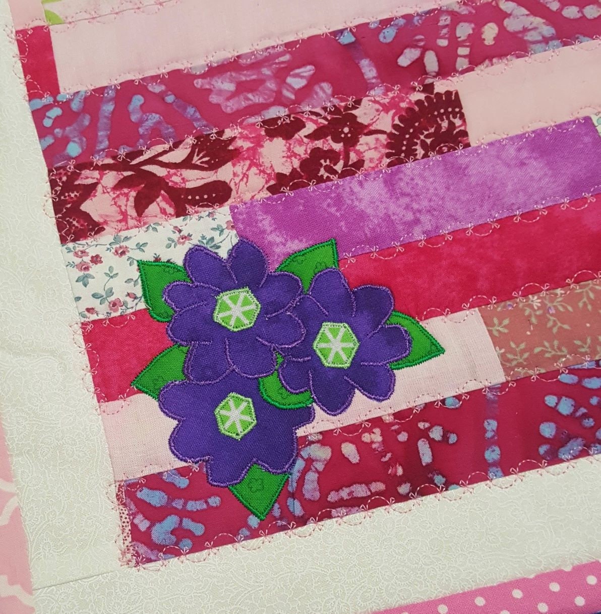 Patchwork Doll Quilt, Table Mat – Pink Strip Quilt with Appliqué Flowers