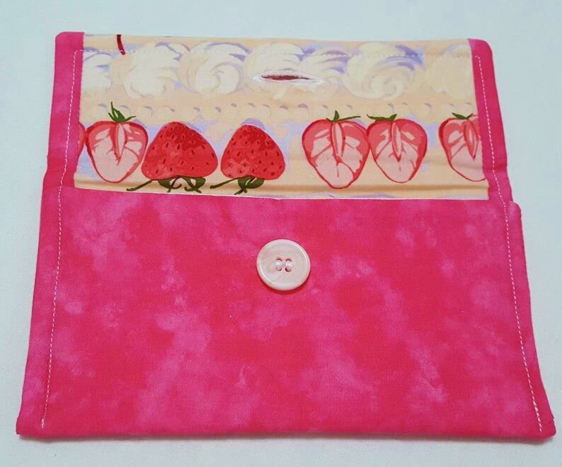 Soft Fabric Glasses Case, Hot Pink Strawberry Print, Button Closure