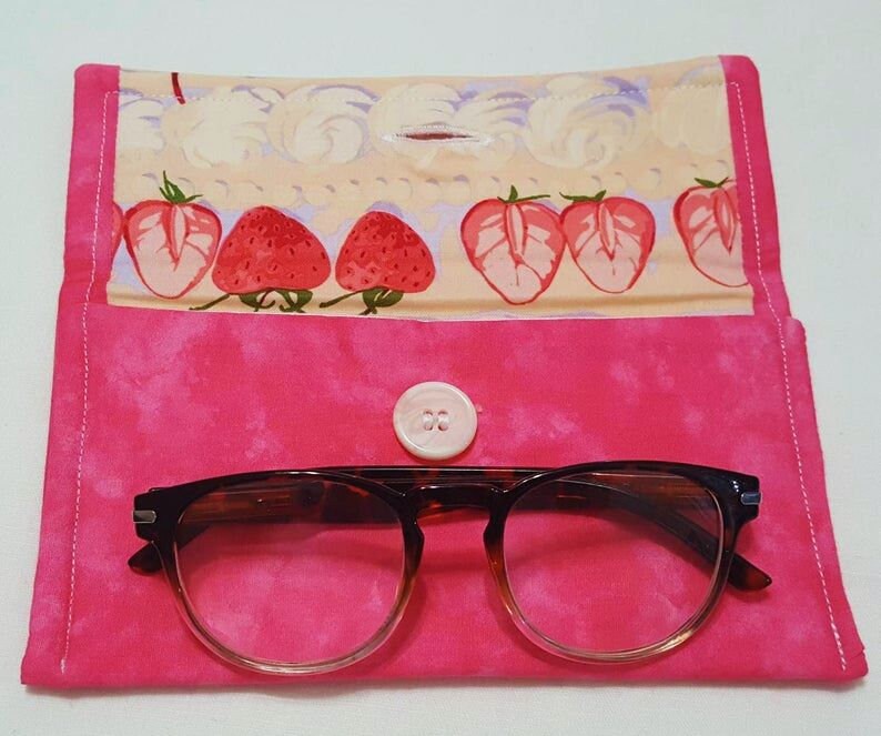 Soft Fabric Glasses Case, Hot Pink Strawberry Print, Button Closure
