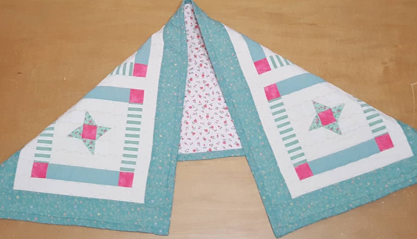Sea Glass Quilted Table Runner: Beachy Pink Star Patchwork, 41.5 x 16