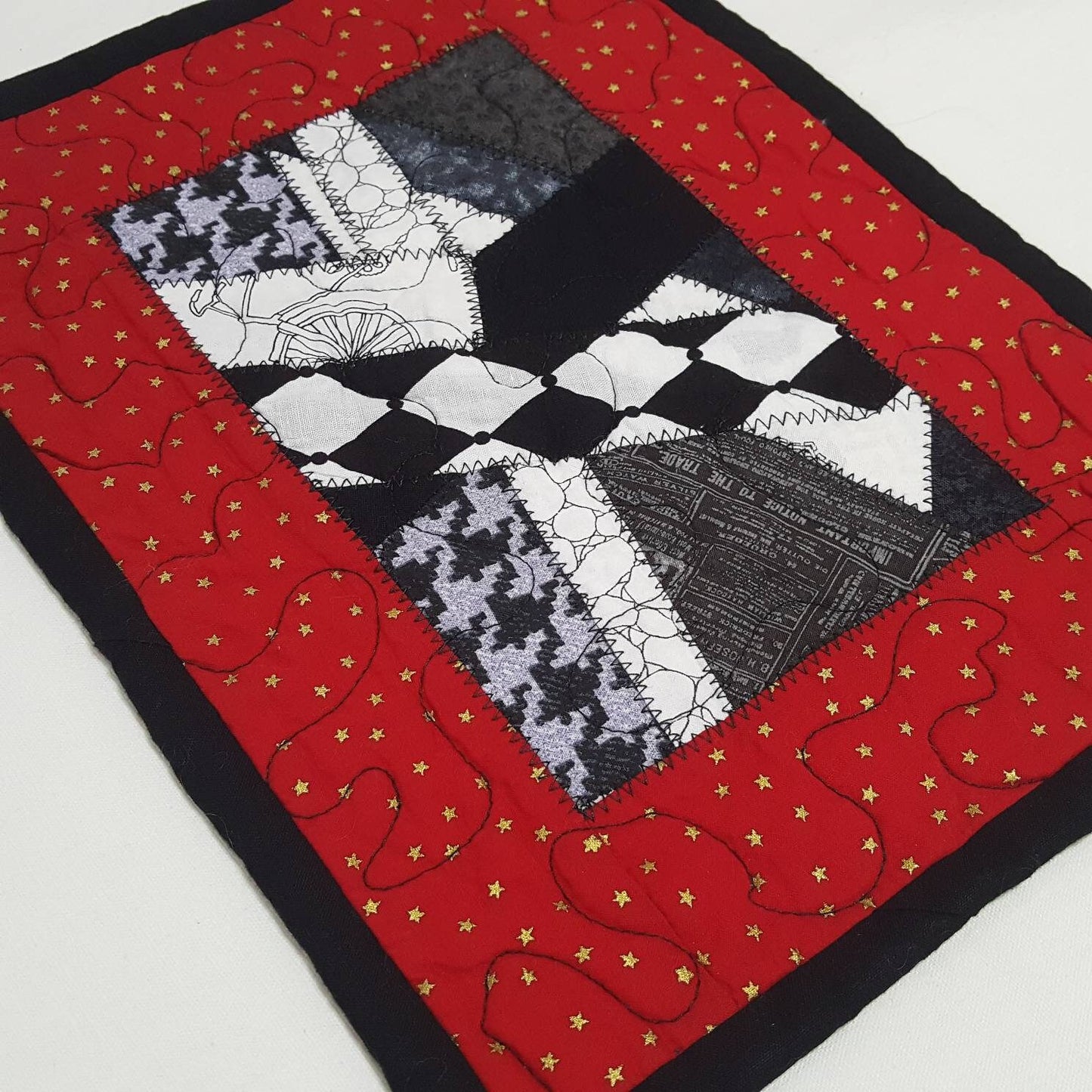 Patchwork Quilted Mug Rug, Red and Black Crazy Quilt, Table Topper