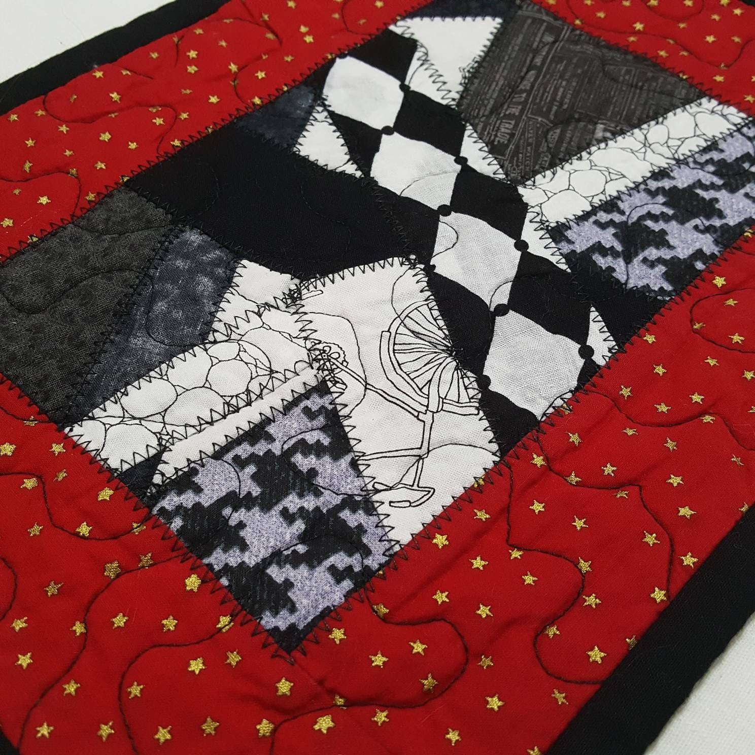 Patchwork Quilted Mug Rug, Red and Black Crazy Quilt, Table Topper