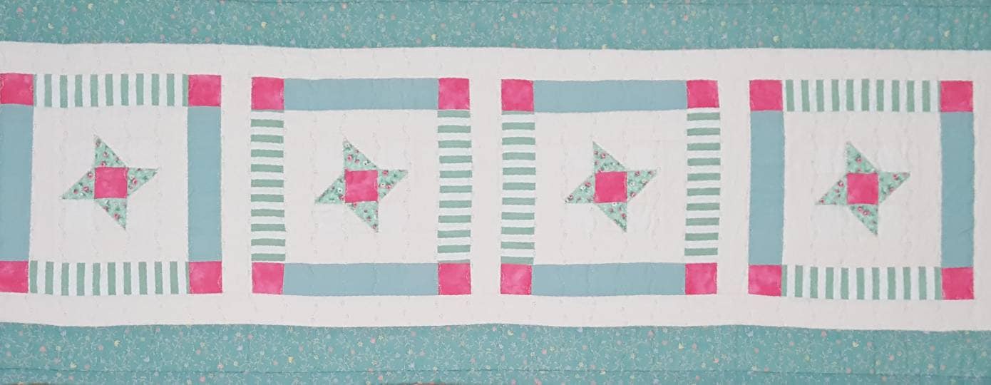 Sea Glass Quilted Table Runner: Beachy Pink Star Patchwork, 41.5 x 16