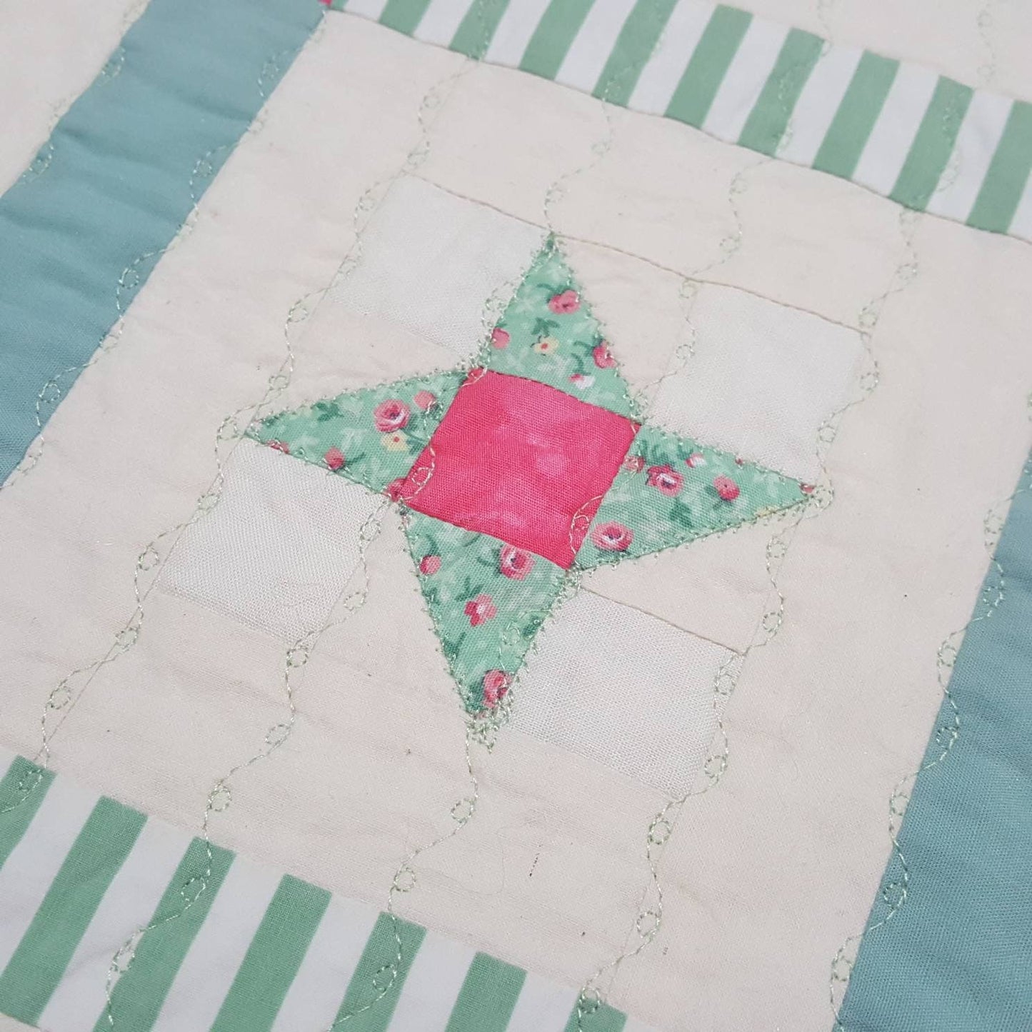 Sea Glass Quilted Table Runner: Beachy Pink Star Patchwork, 41.5 x 16