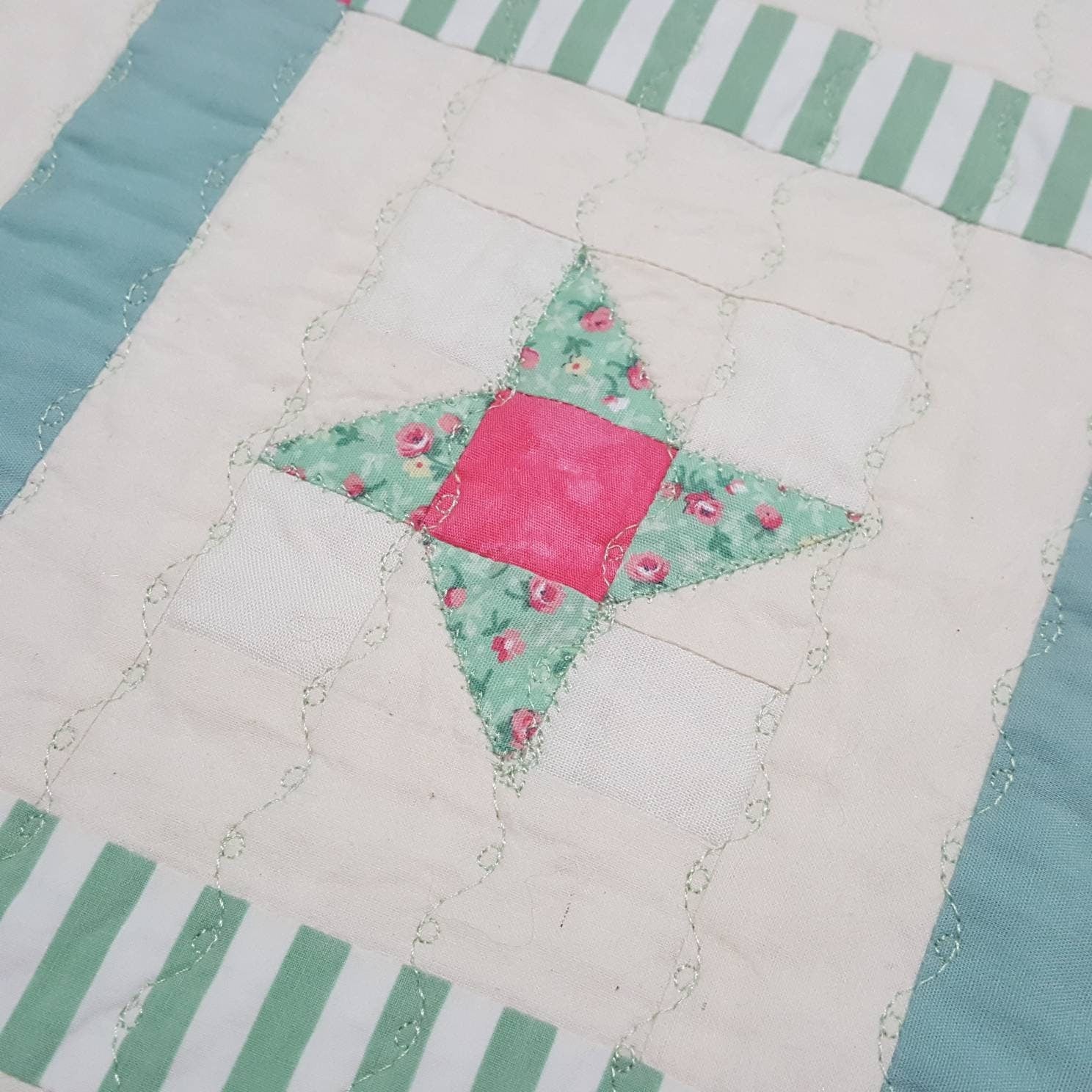 Sea Glass Quilted Table Runner: Beachy Pink Star Patchwork, 41.5 x 16