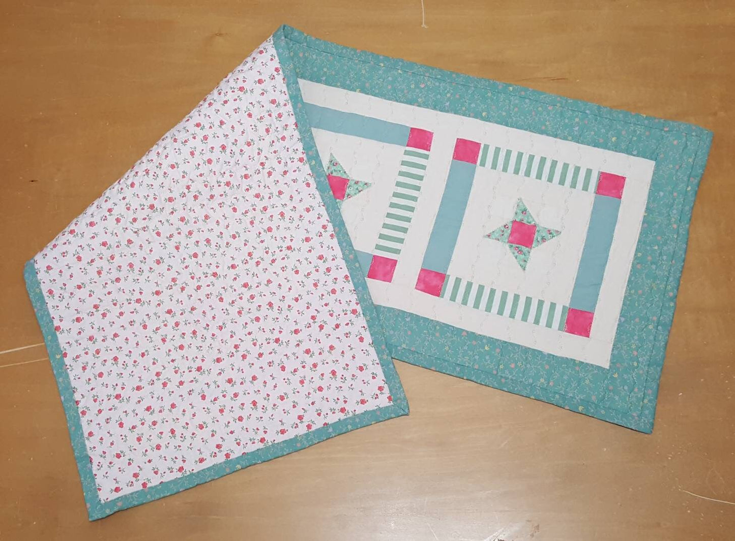 Sea Glass Quilted Table Runner: Beachy Pink Star Patchwork, 41.5 x 16