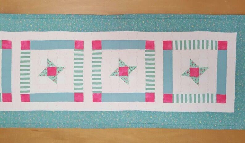 Sea Glass Quilted Table Runner: Beachy Pink Star Patchwork, 41.5 x 16