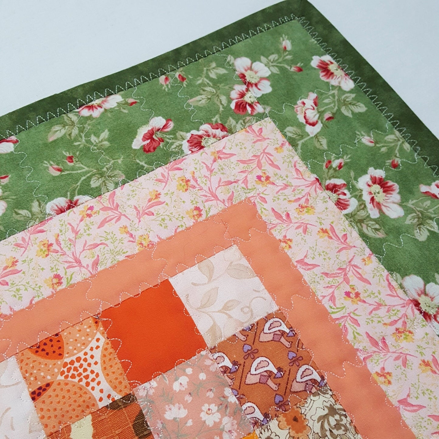Handmade Quilted Table Topper Reversible Patchwork Floral and Gold Leaf 16" x 19"