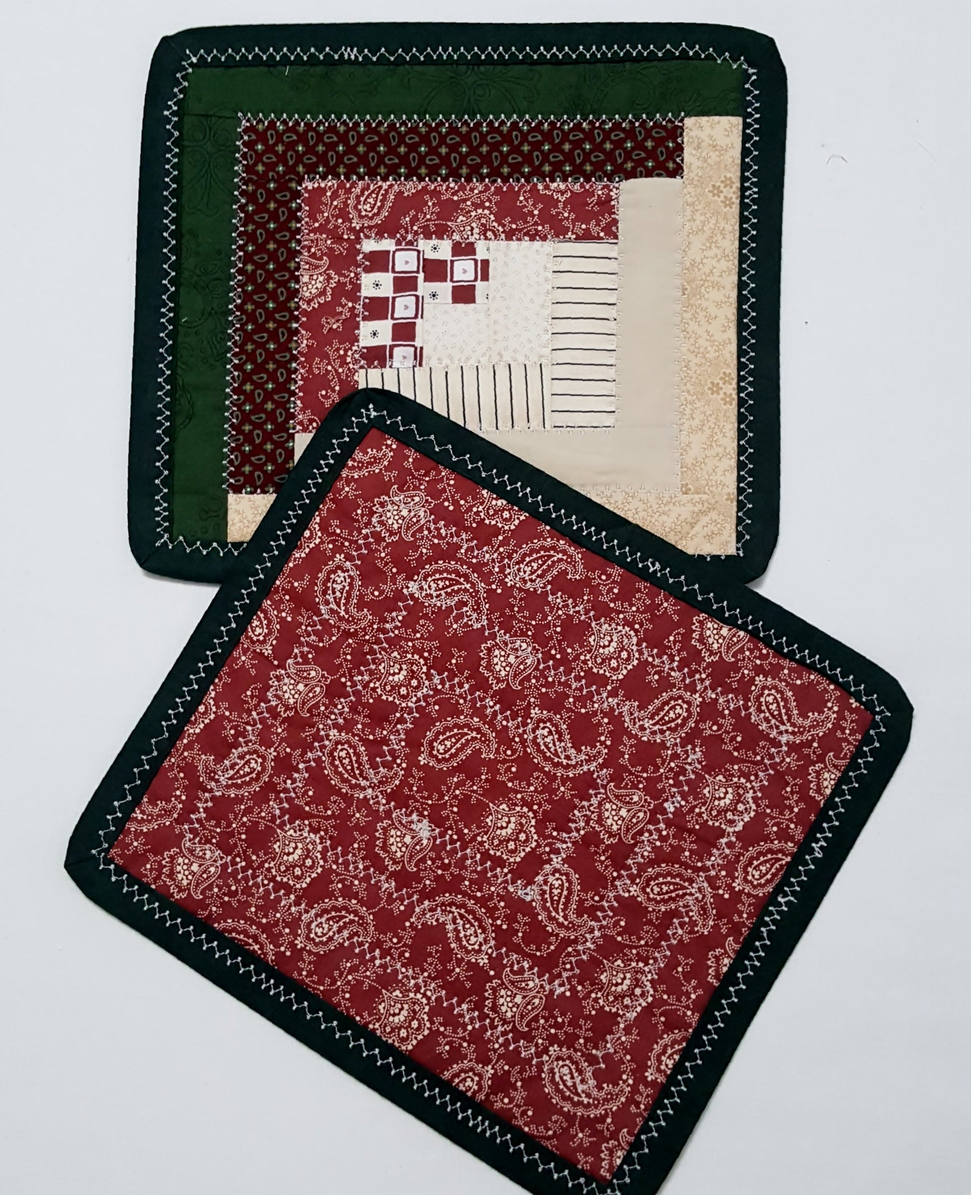 Log Cabin Quilted Mini Quilts • Burgundy & Green Patchwork Mug Rug • Oversized Cotton Coaster