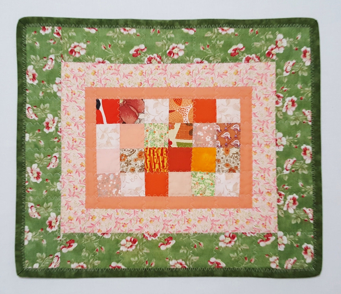 Handmade Quilted Table Topper Reversible Patchwork Floral and Gold Leaf 16" x 19"