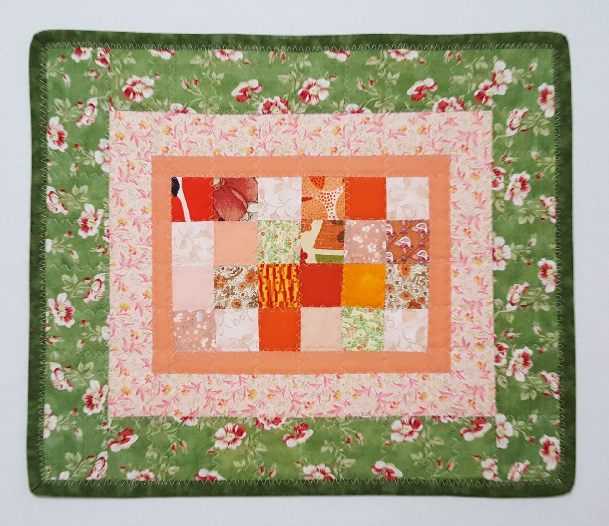 Handmade Quilted Table Topper Reversible Patchwork Floral and Gold Leaf 16" x 19"
