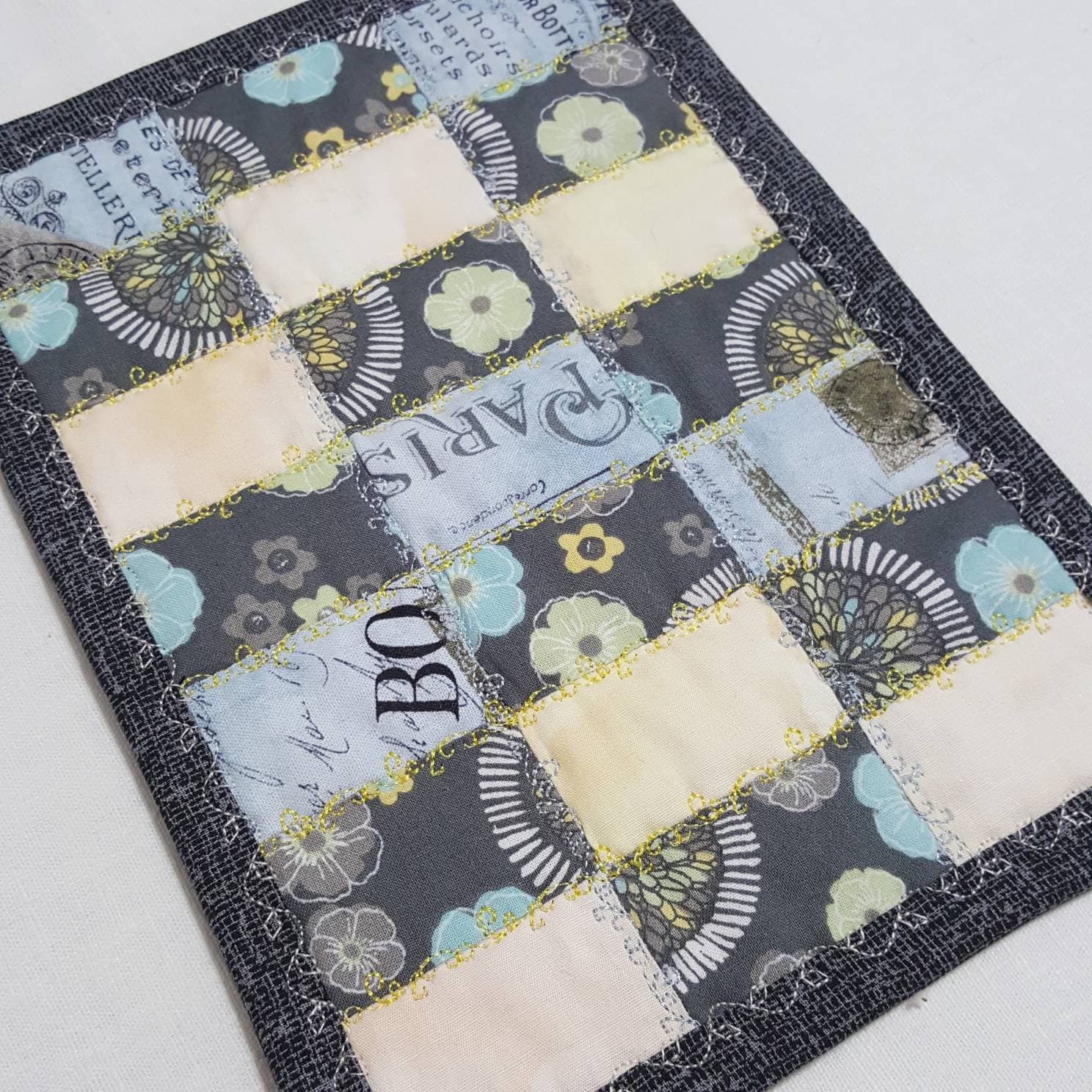 Gray & Yellow Quilted Mug Rug • Oversized Cotton Coaster • Patchwork Desk Mat