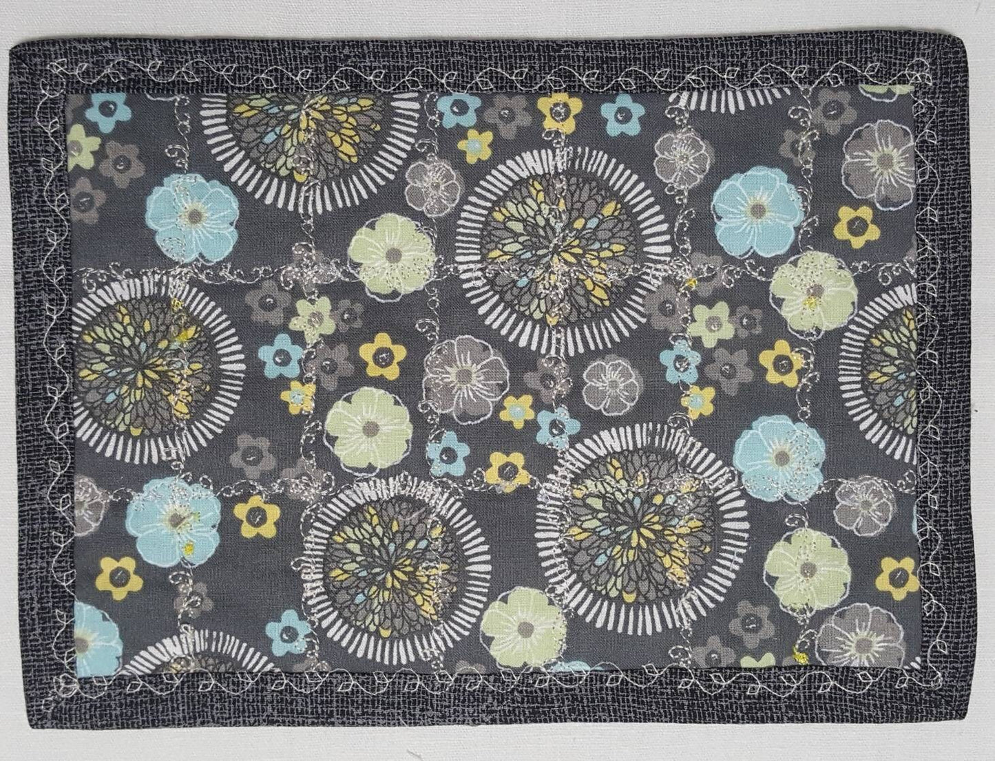 Gray & Yellow Quilted Mug Rug • Oversized Cotton Coaster • Patchwork Desk Mat