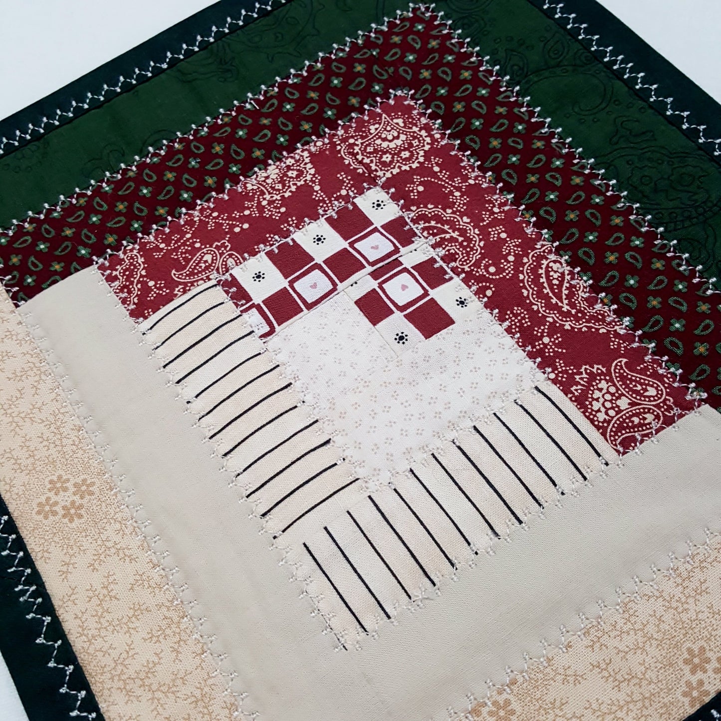 Log Cabin Quilted Mini Quilts • Burgundy & Green Patchwork Mug Rug • Oversized Cotton Coaster
