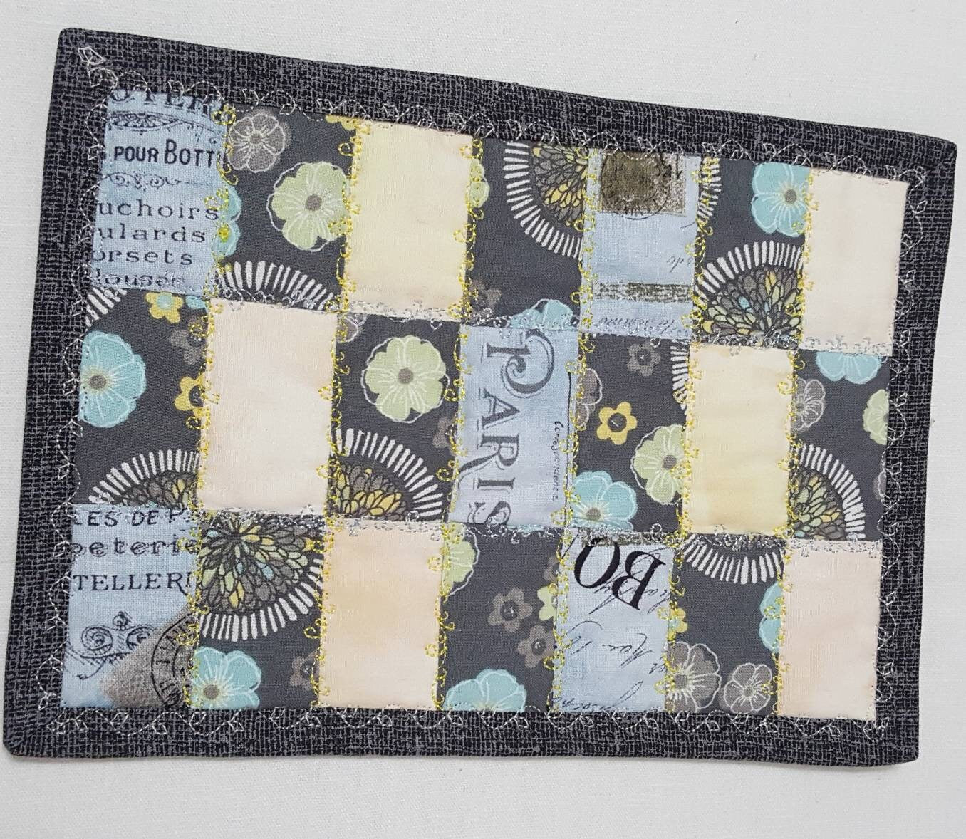 Gray & Yellow Quilted Mug Rug • Oversized Cotton Coaster • Patchwork Desk Mat