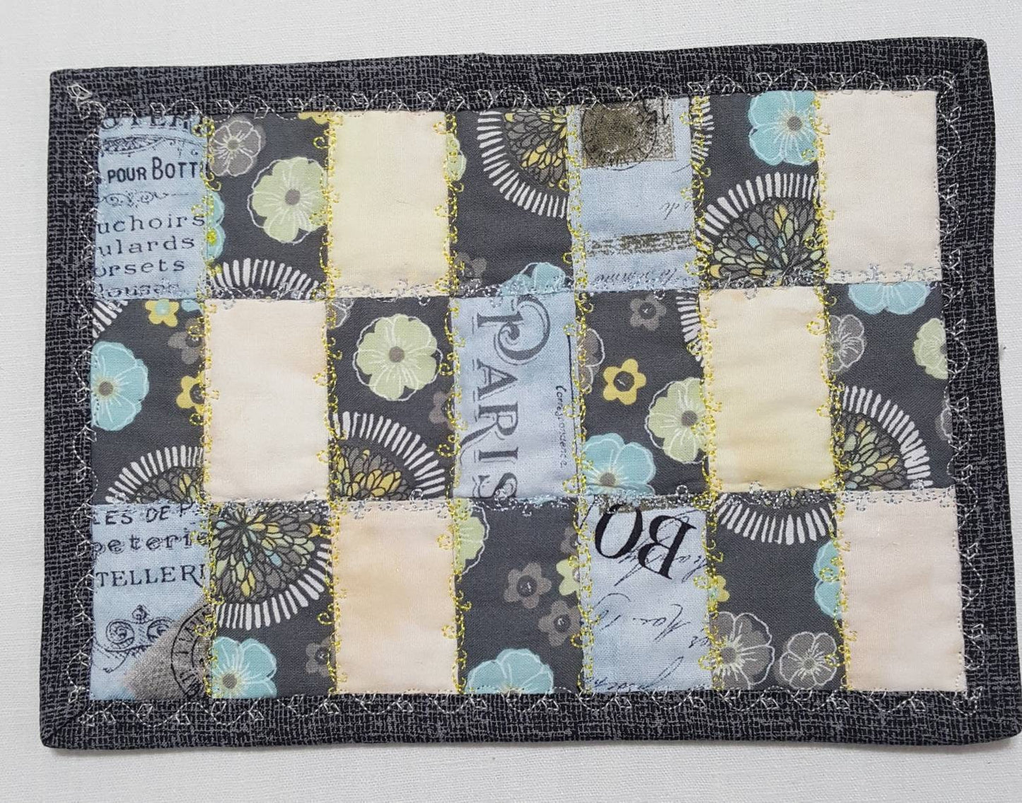 Gray & Yellow Quilted Mug Rug • Oversized Cotton Coaster • Patchwork Desk Mat