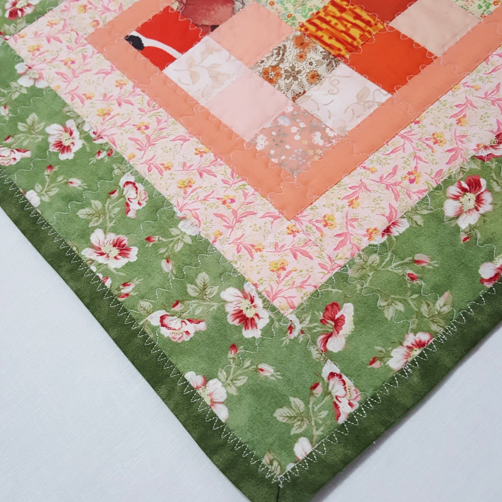 Handmade Quilted Table Topper Reversible Patchwork Floral and Gold Leaf 16" x 19"