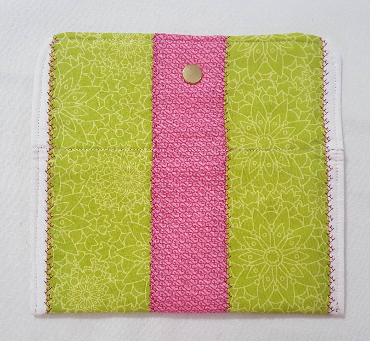 Quilted Fabric Eyewear Case – Pink & Spring Green – Snap Closure – Handmade Cotton Pouch