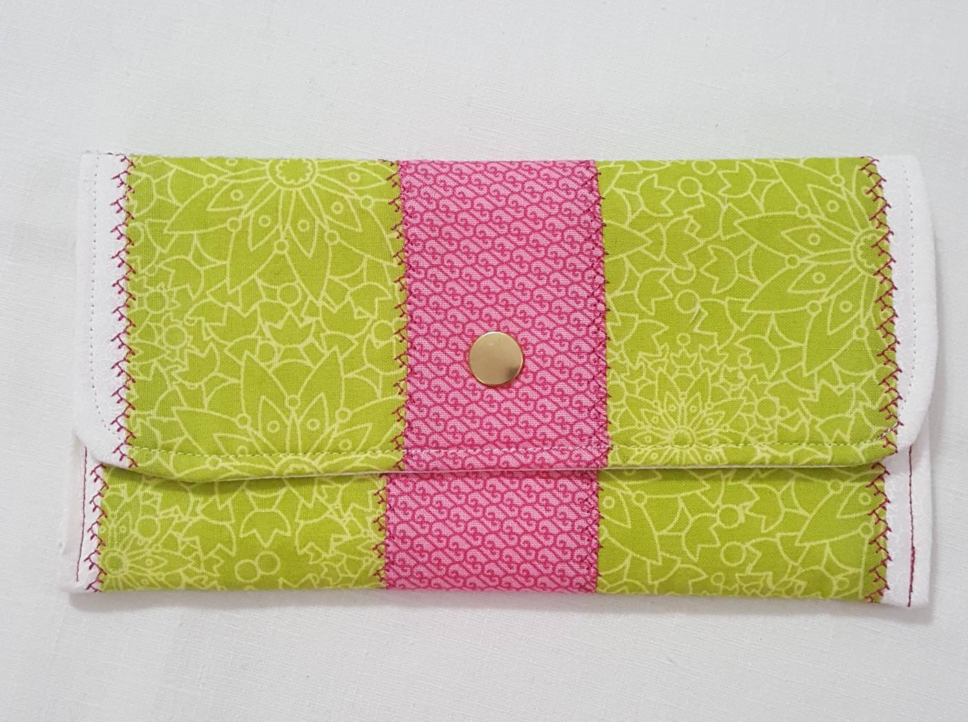 Quilted Fabric Eyewear Case – Pink & Spring Green – Snap Closure – Handmade Cotton Pouch
