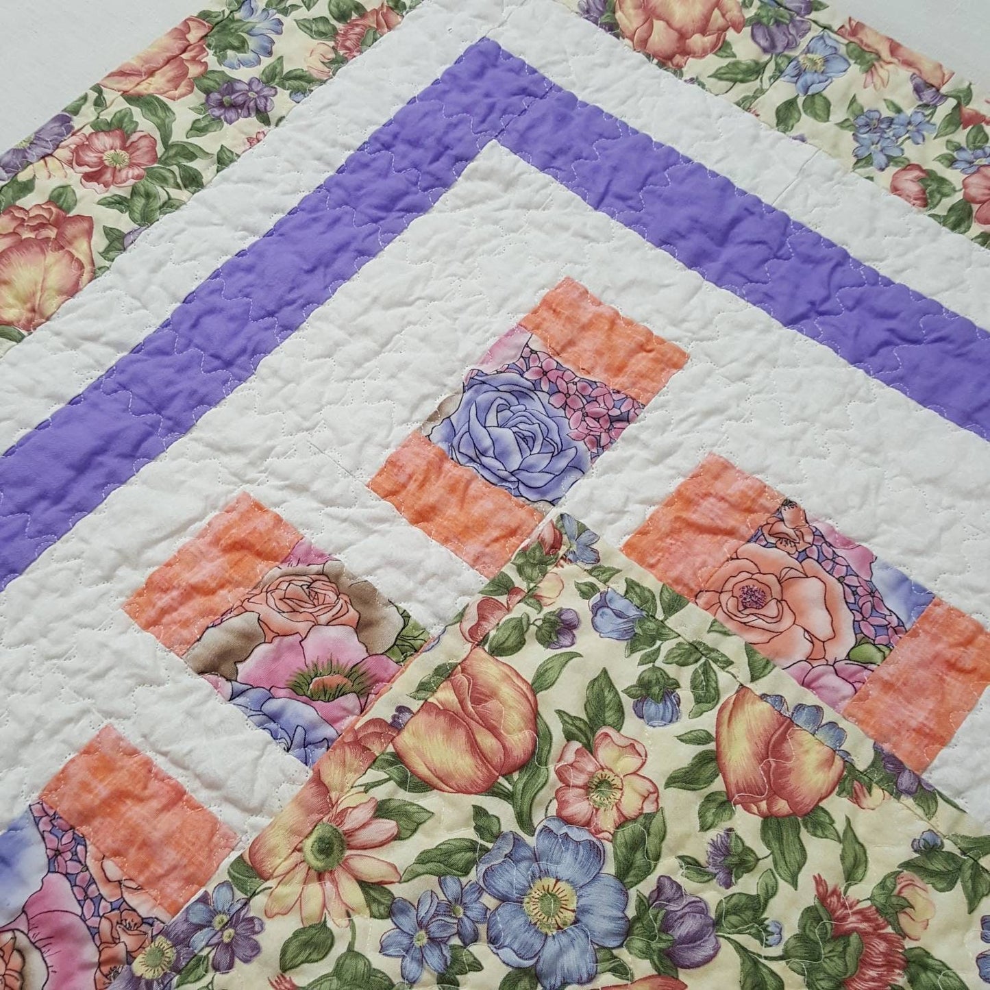 Quilted Table Topper 29" Square Soft Peach and Lavender Floral Spring Decor