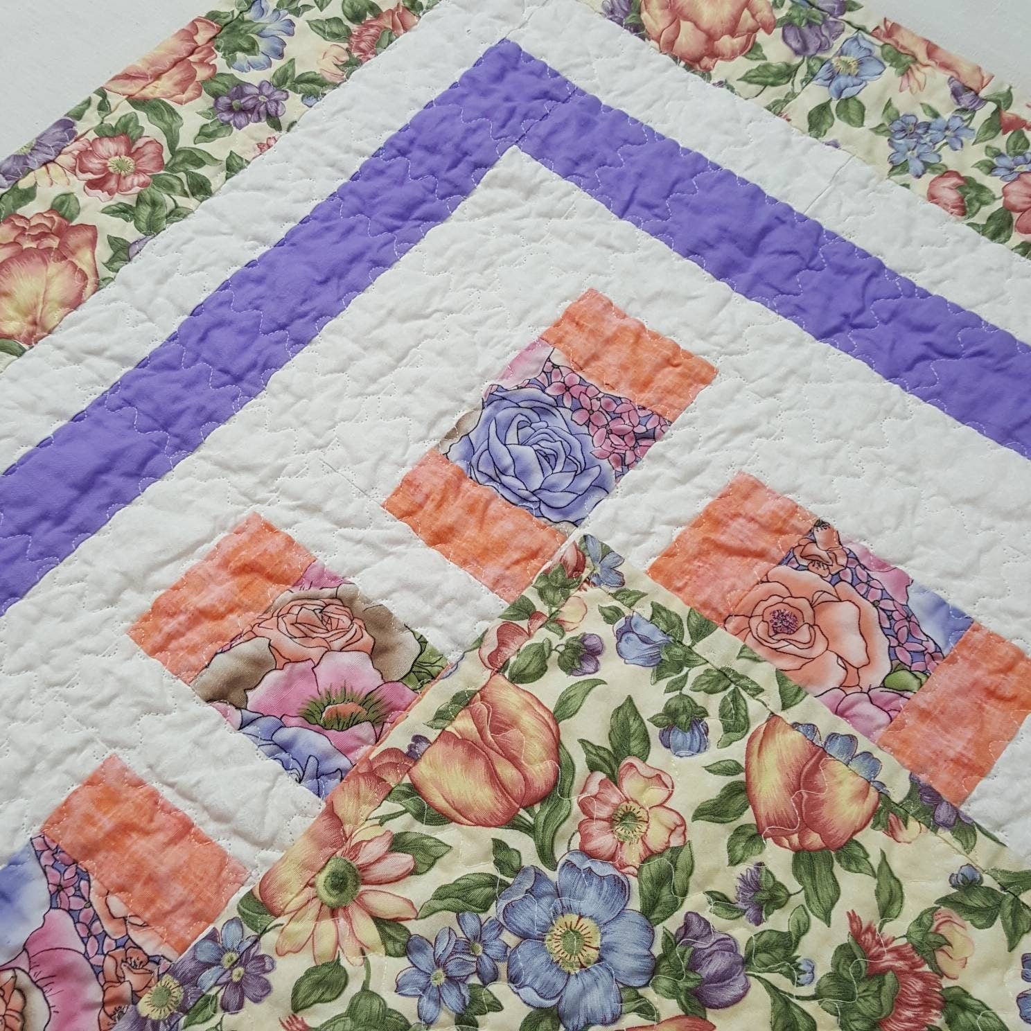 Quilted Table Topper 29" Square Soft Peach and Lavender Floral Spring Decor
