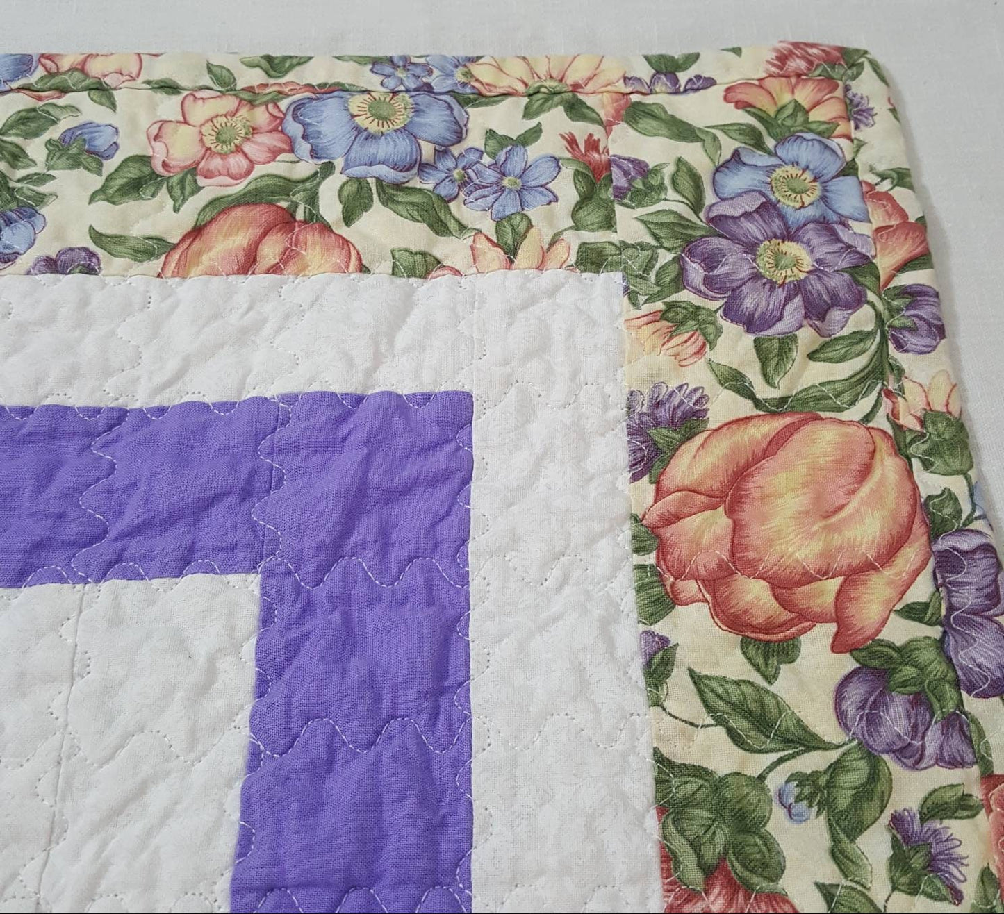 Quilted Table Topper 29" Square Soft Peach and Lavender Floral Spring Decor