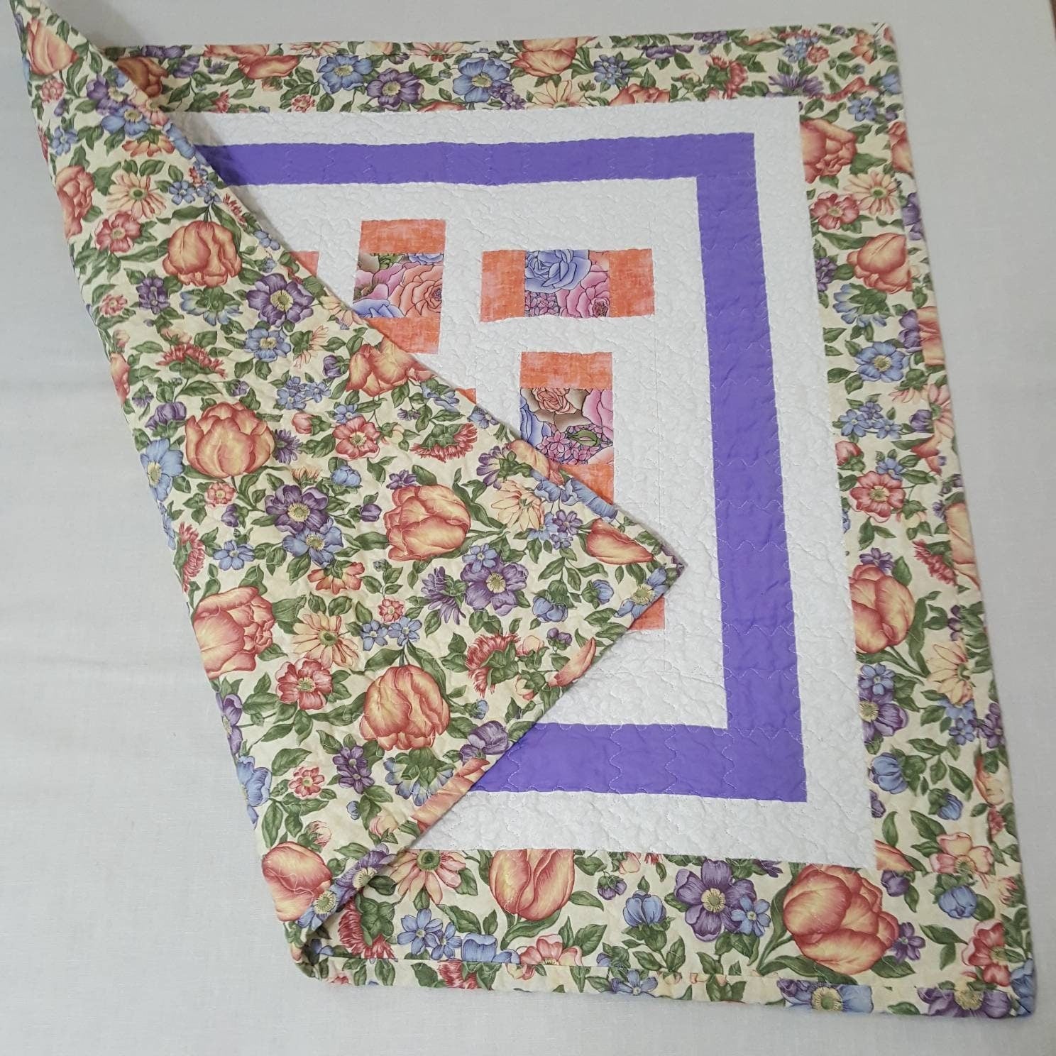 Quilted Table Topper 29" Square Soft Peach and Lavender Floral Spring Decor