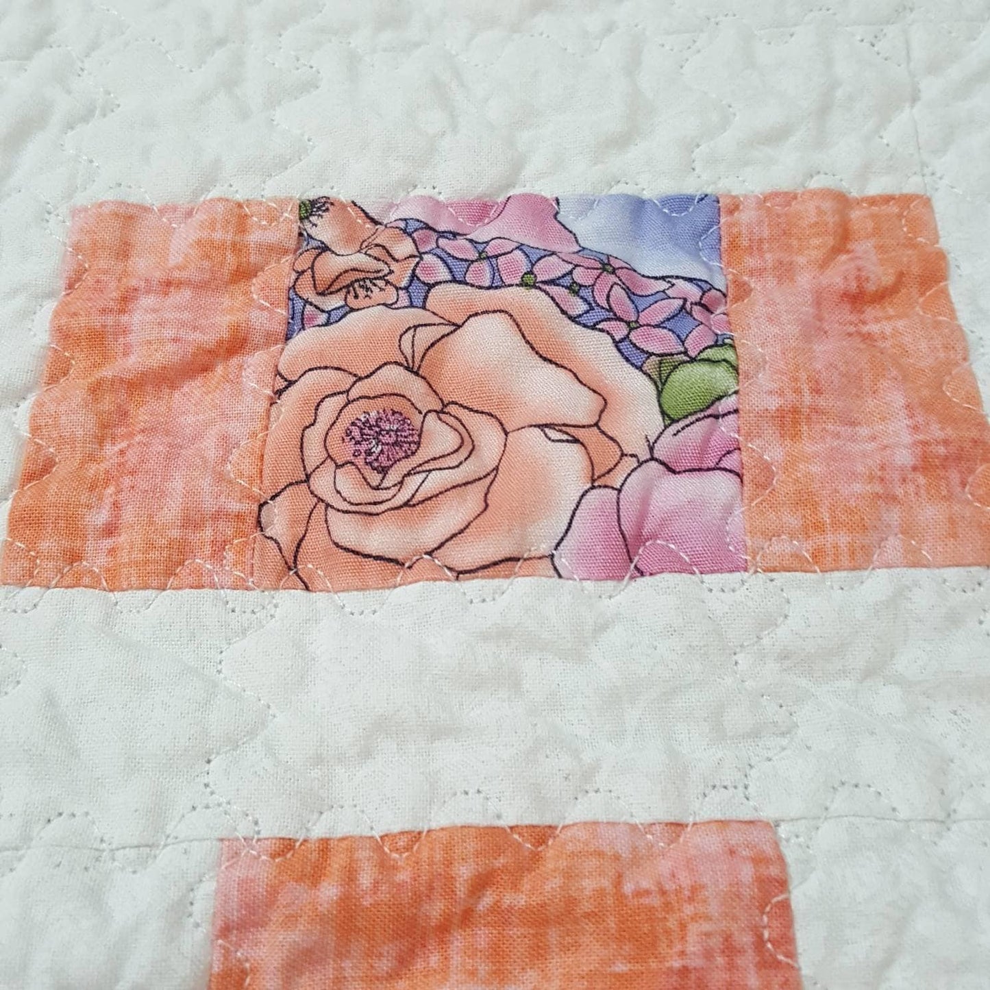 Quilted Table Topper 29" Square Soft Peach and Lavender Floral Spring Decor