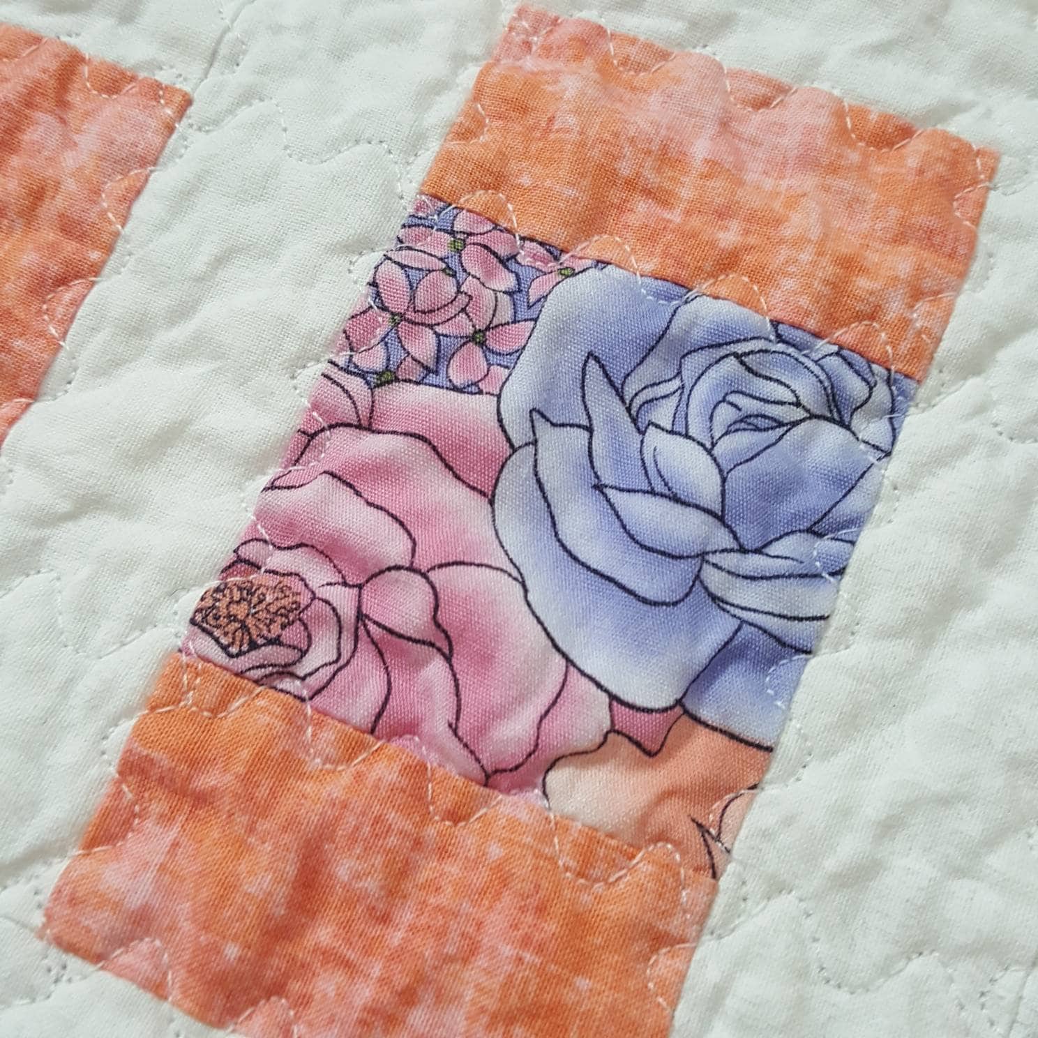 Quilted Table Topper 29" Square Soft Peach and Lavender Floral Spring Decor