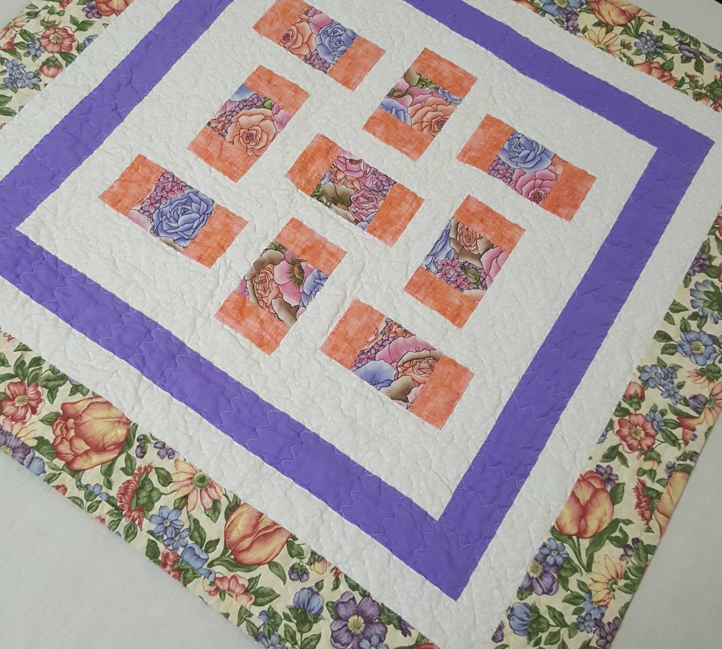 Quilted Table Topper 29" Square Soft Peach and Lavender Floral Spring Decor