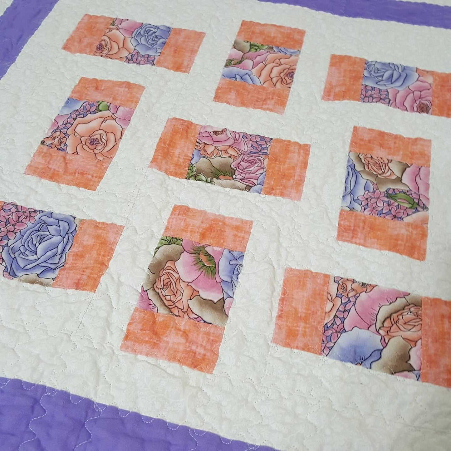 Quilted Table Topper 29" Square Soft Peach and Lavender Floral Spring Decor