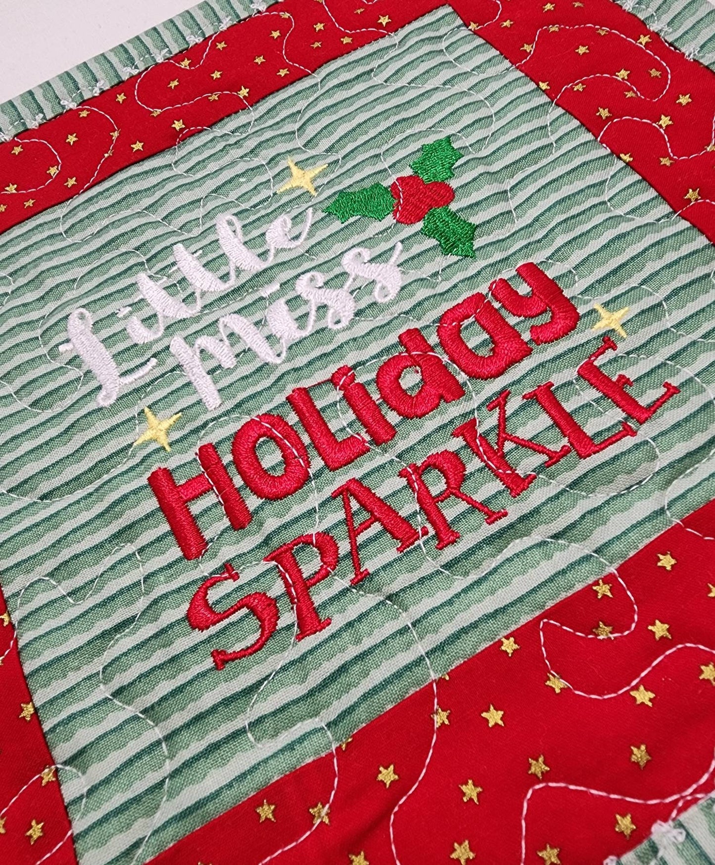 Quilted Mug Rug • “Little Miss Sparkle” • Holiday Coffee Mat • Stocking Stuffer