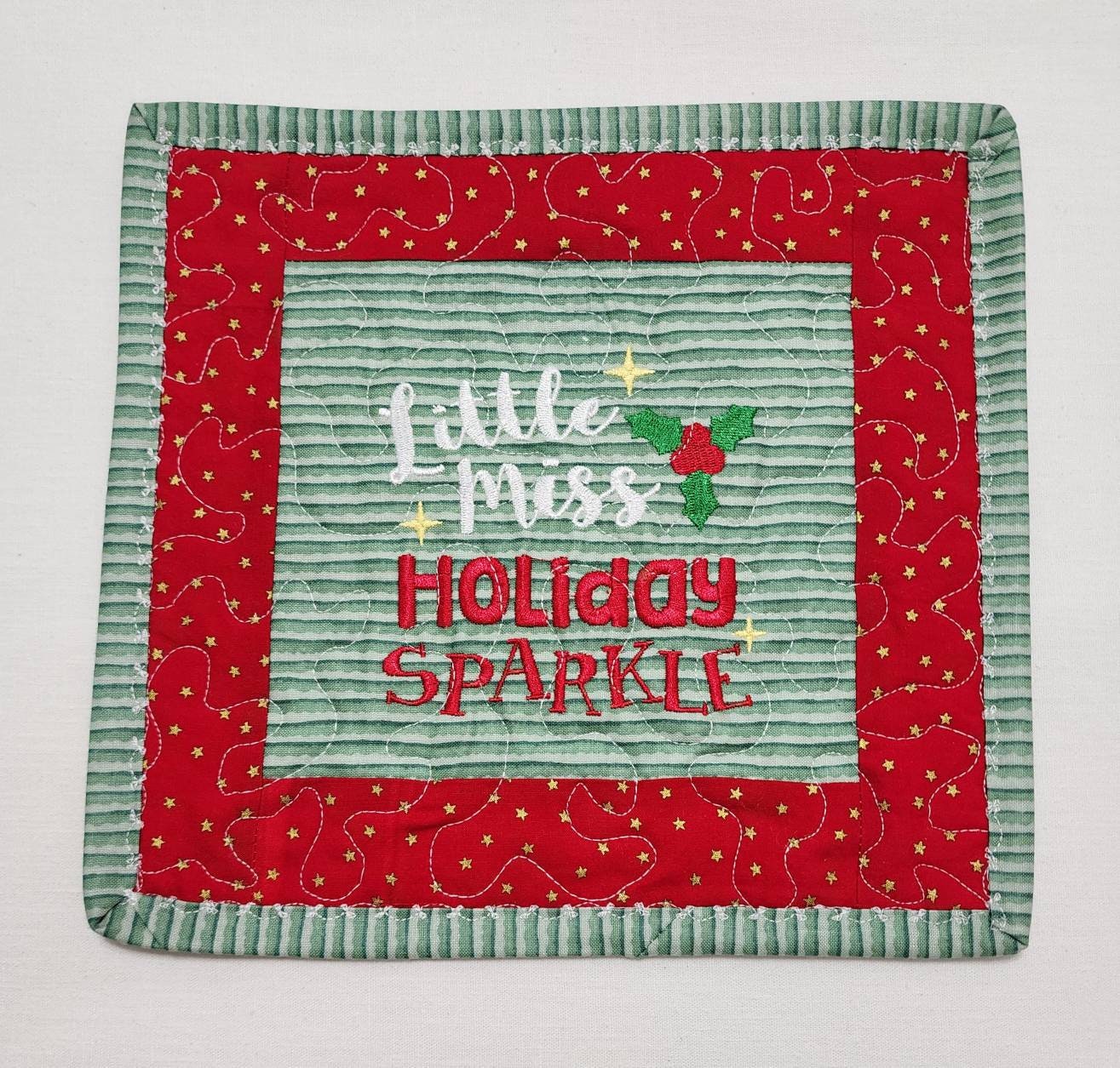 Quilted Mug Rug • “Little Miss Sparkle” • Holiday Coffee Mat • Stocking Stuffer