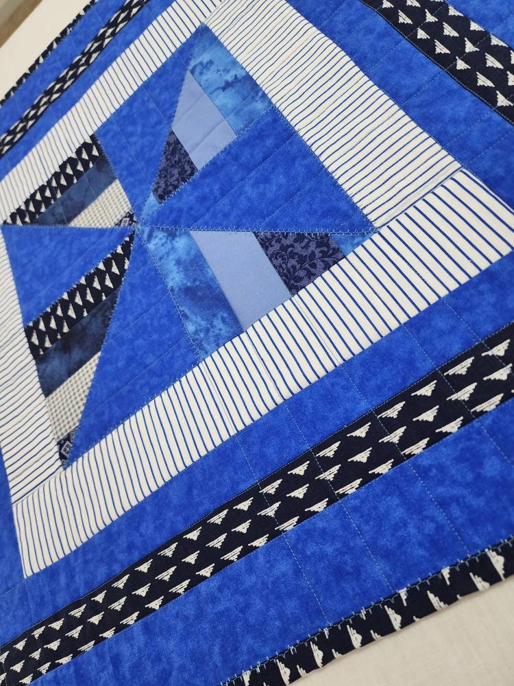 Blue & White Patchwork Table Topper – 26" Square - Farmhouse, Cottage