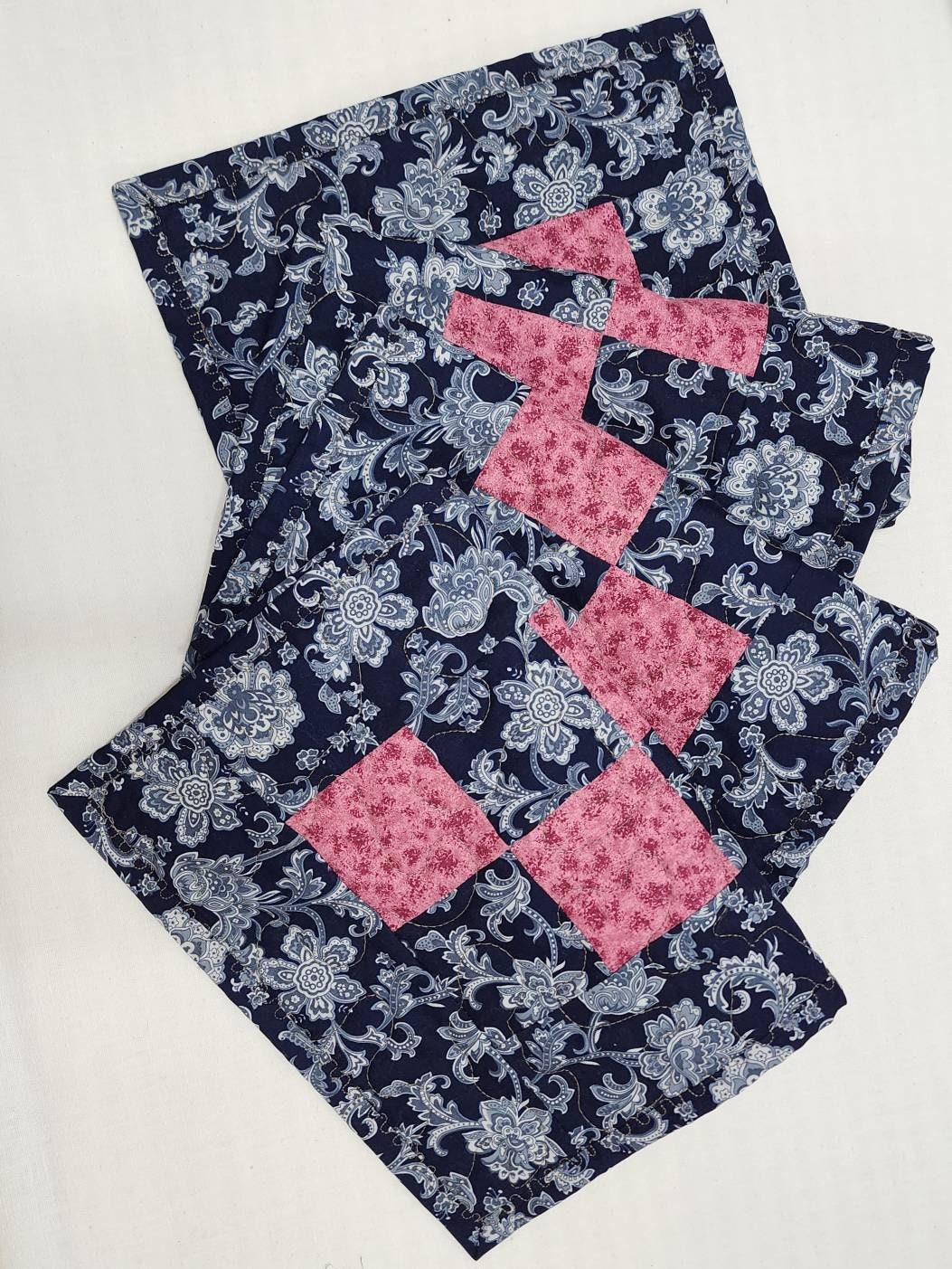 Handmade Blue Floral Quilted Table Runner, Reversible Cotton Patchwork, 10x48