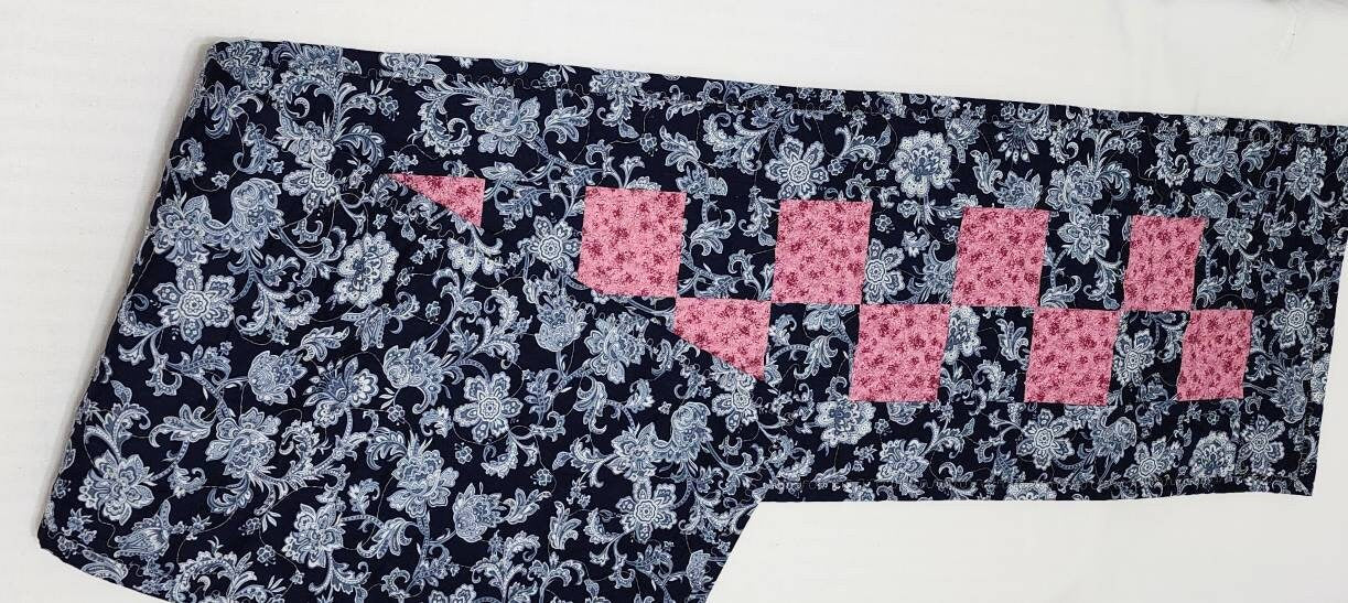 Handmade Blue Floral Quilted Table Runner, Reversible Cotton Patchwork, 10x48